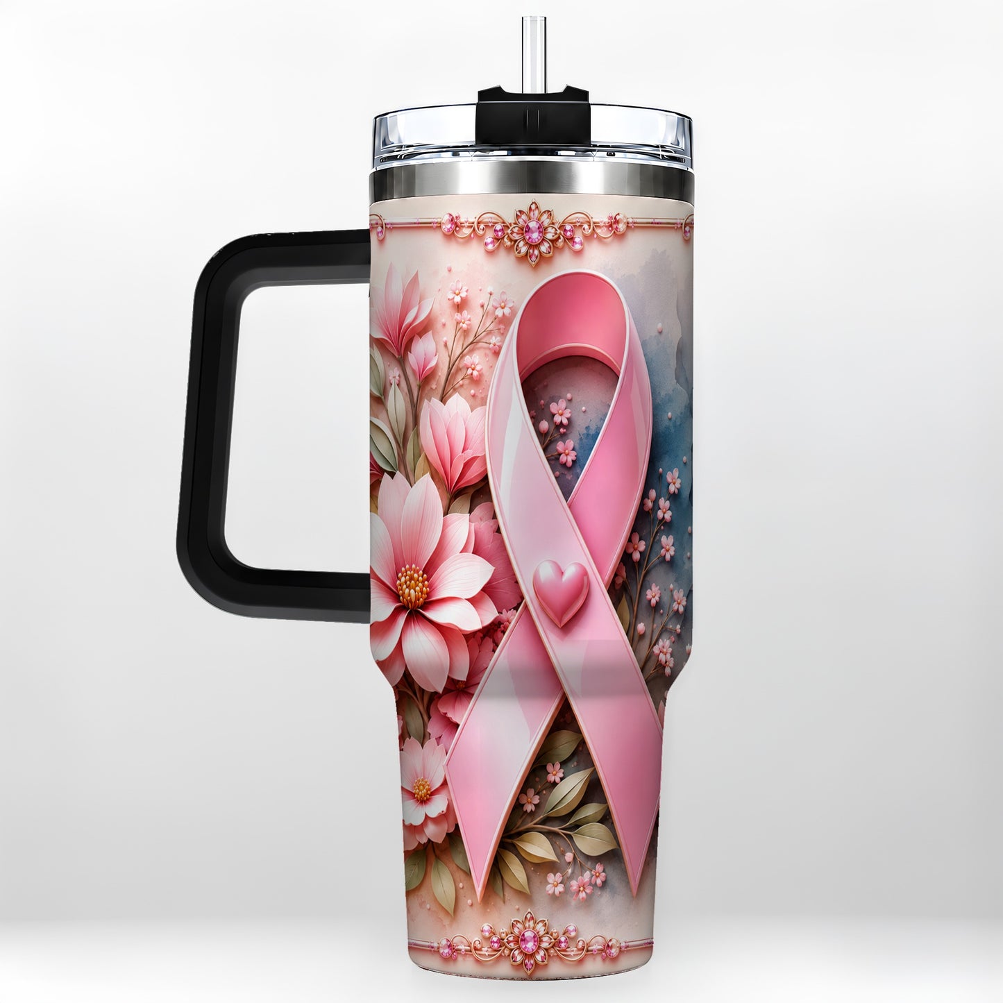 #pl[40oz|Black] Pink Ribbon 40oz Tumbler with Handle, Floral Stainless Steel Travel Cup