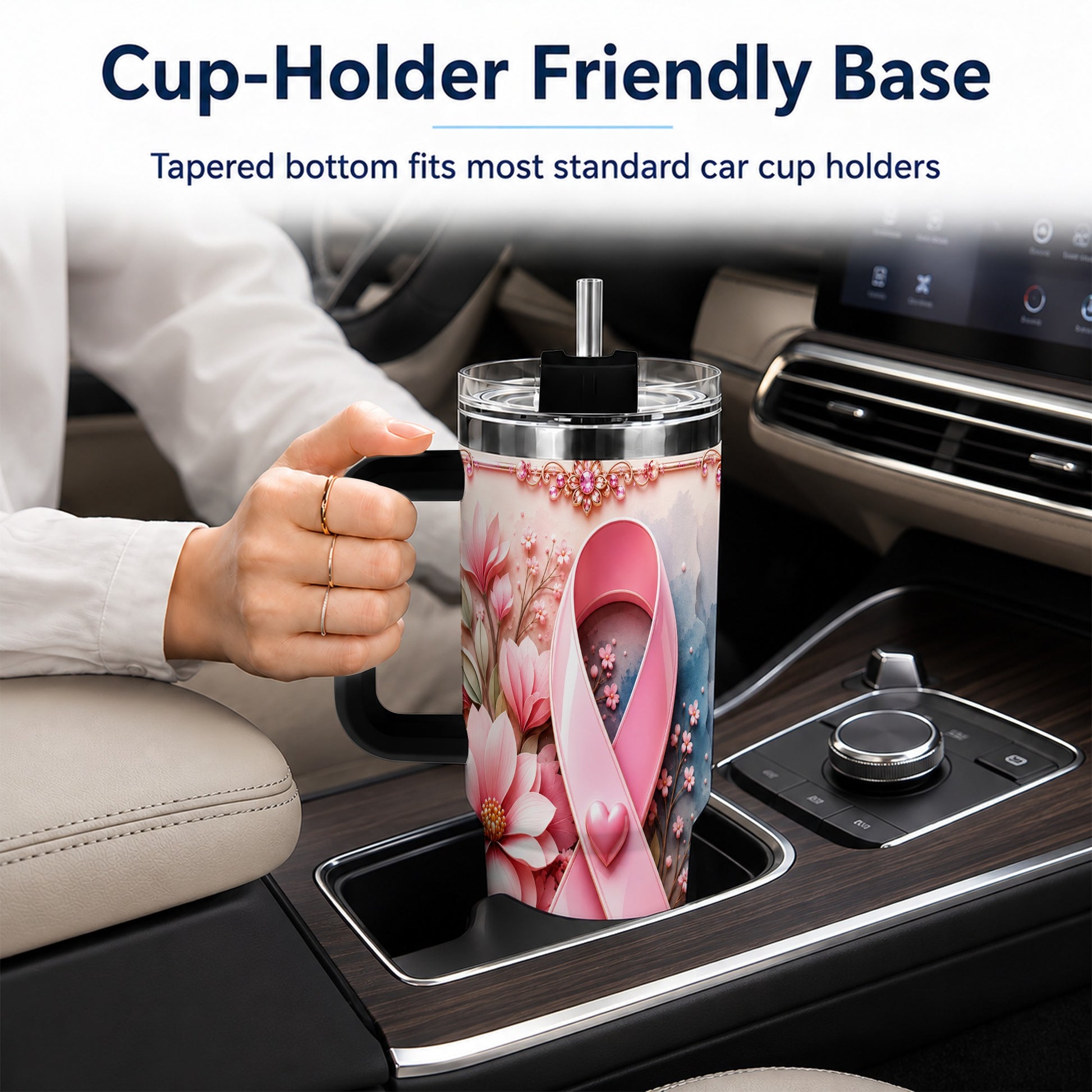 #pl[40oz|Black] Pink Ribbon 40oz Tumbler with Handle, Floral Stainless Steel Travel Cup