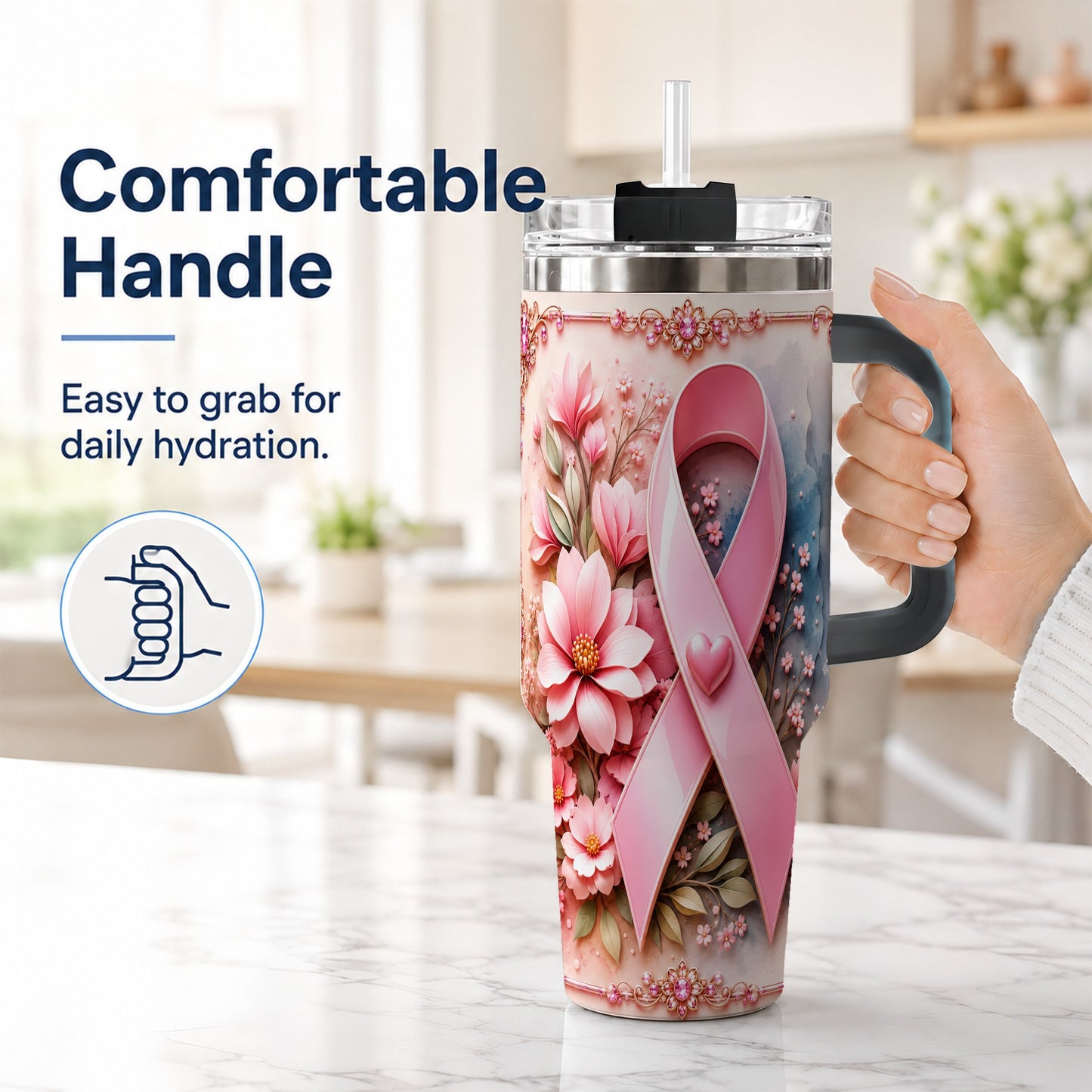 #pl[40oz|Black] Pink Ribbon 40oz Tumbler with Handle, Floral Stainless Steel Travel Cup