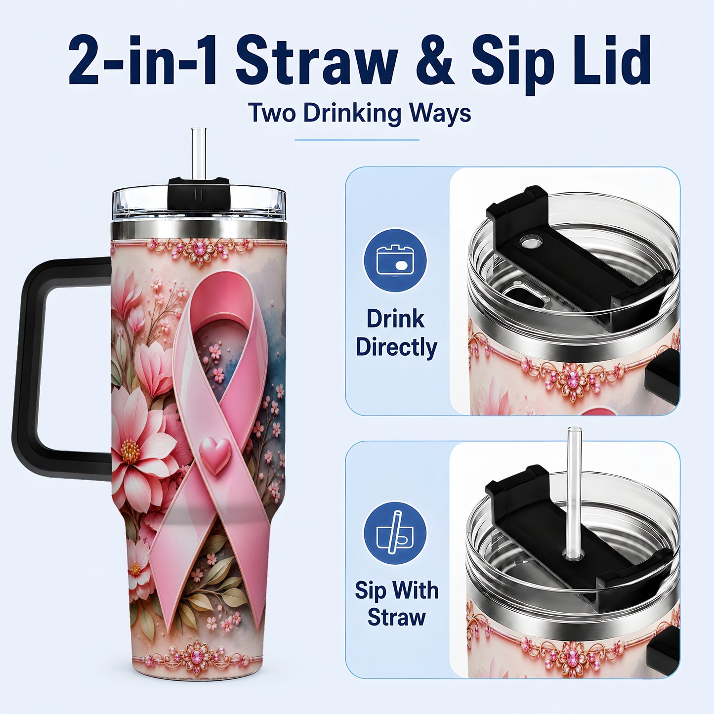 #pl[40oz|Black] Pink Ribbon 40oz Tumbler with Handle, Floral Stainless Steel Travel Cup