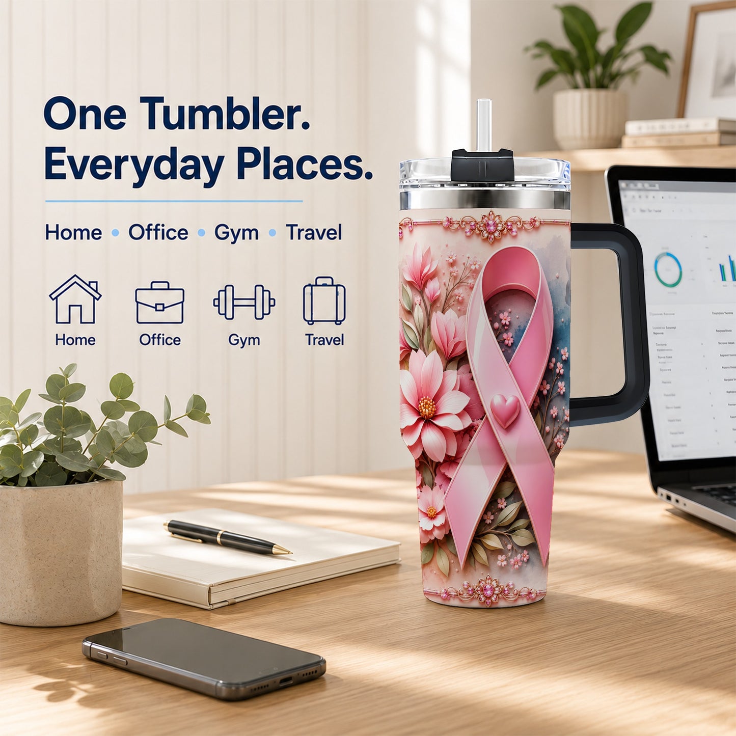 #pl[40oz|Black] Pink Ribbon 40oz Tumbler with Handle, Floral Stainless Steel Travel Cup