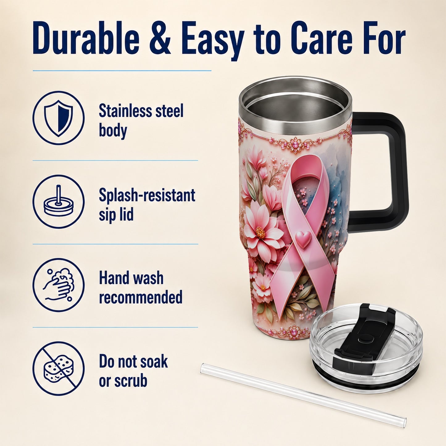 #pl[40oz|Black] Pink Ribbon 40oz Tumbler with Handle, Floral Stainless Steel Travel Cup