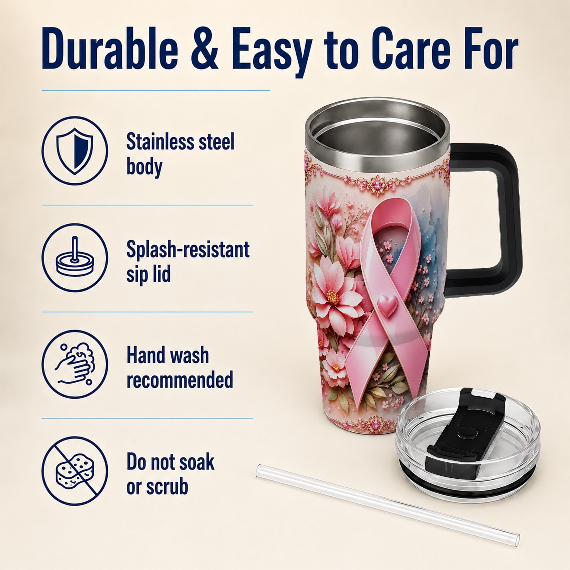 #pl[40oz|Black] Pink Ribbon 40oz Tumbler with Handle, Floral Stainless Steel Travel Cup