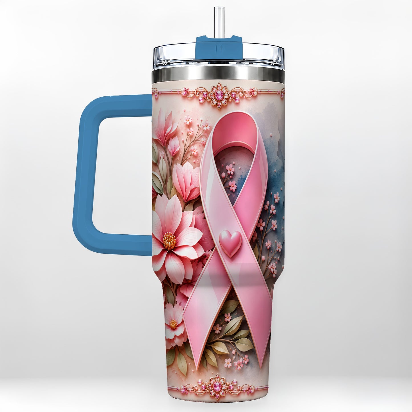 #pl[40oz|Blue] Pink Ribbon 40oz Tumbler with Handle, Floral Stainless Steel Travel Cup