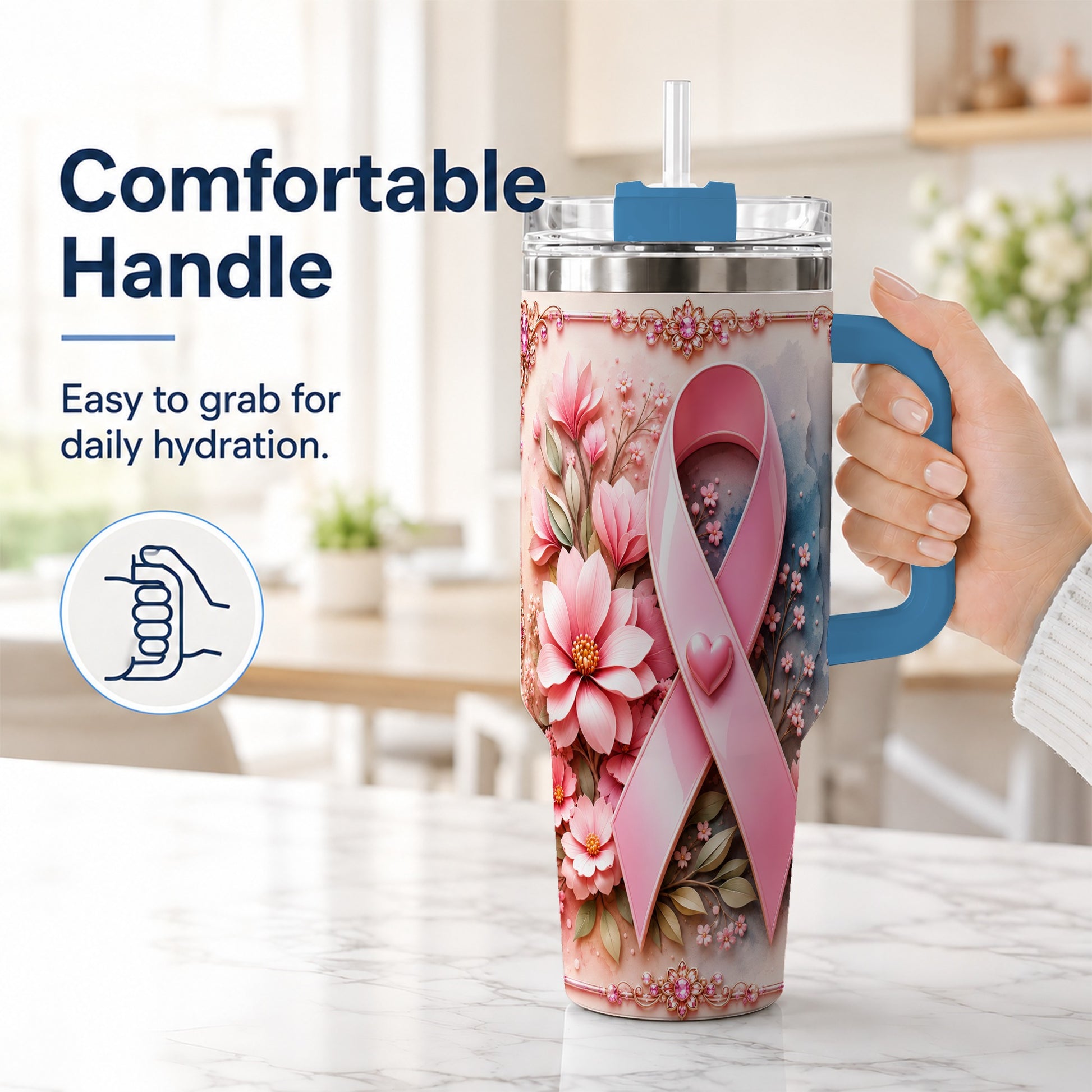 #pl[40oz|Blue] Pink Ribbon 40oz Tumbler with Handle, Floral Stainless Steel Travel Cup