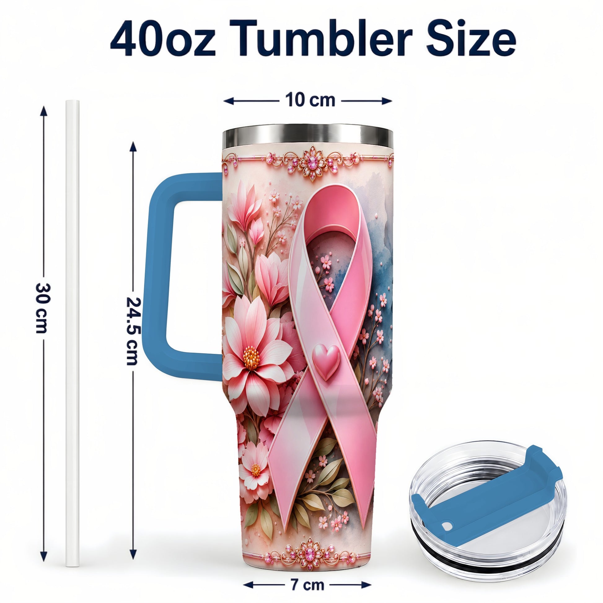#pl[40oz|Blue] Pink Ribbon 40oz Tumbler with Handle, Floral Stainless Steel Travel Cup