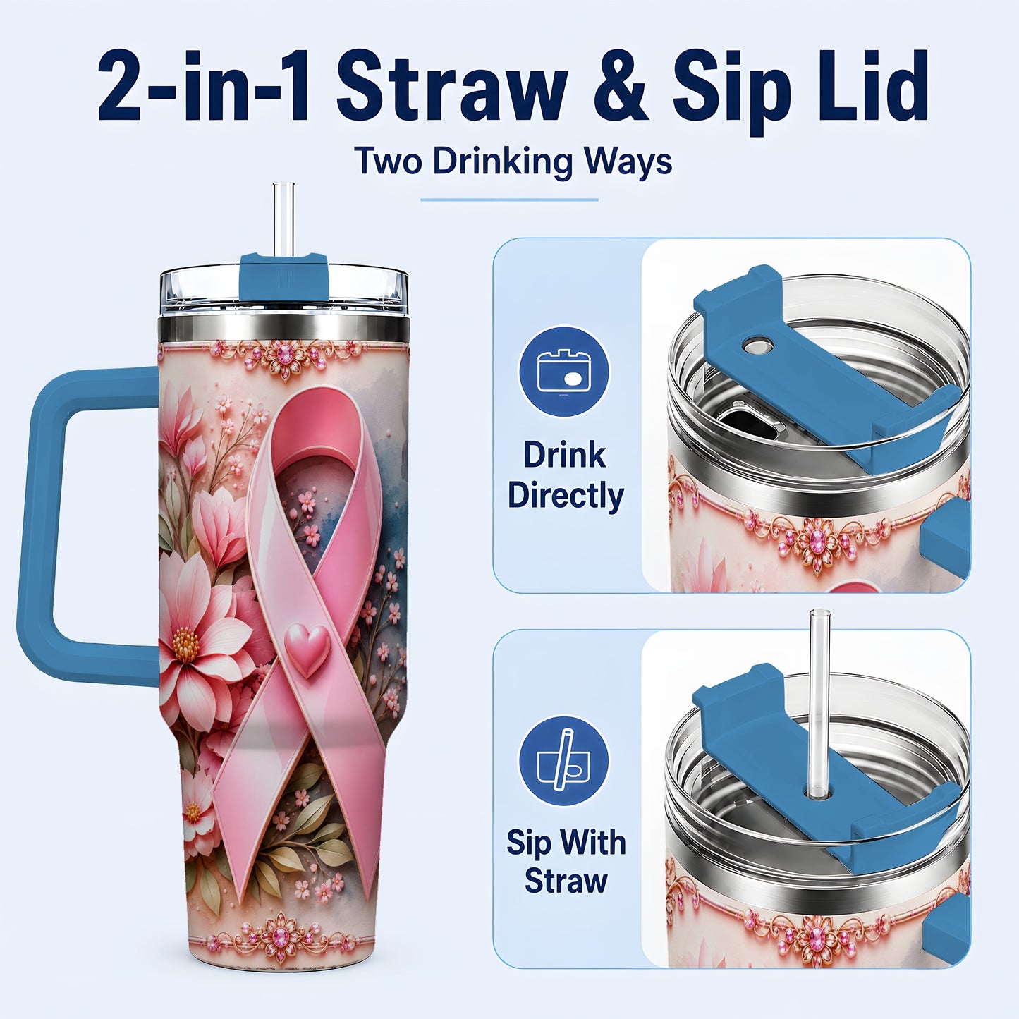 #pl[40oz|Blue] Pink Ribbon 40oz Tumbler with Handle, Floral Stainless Steel Travel Cup