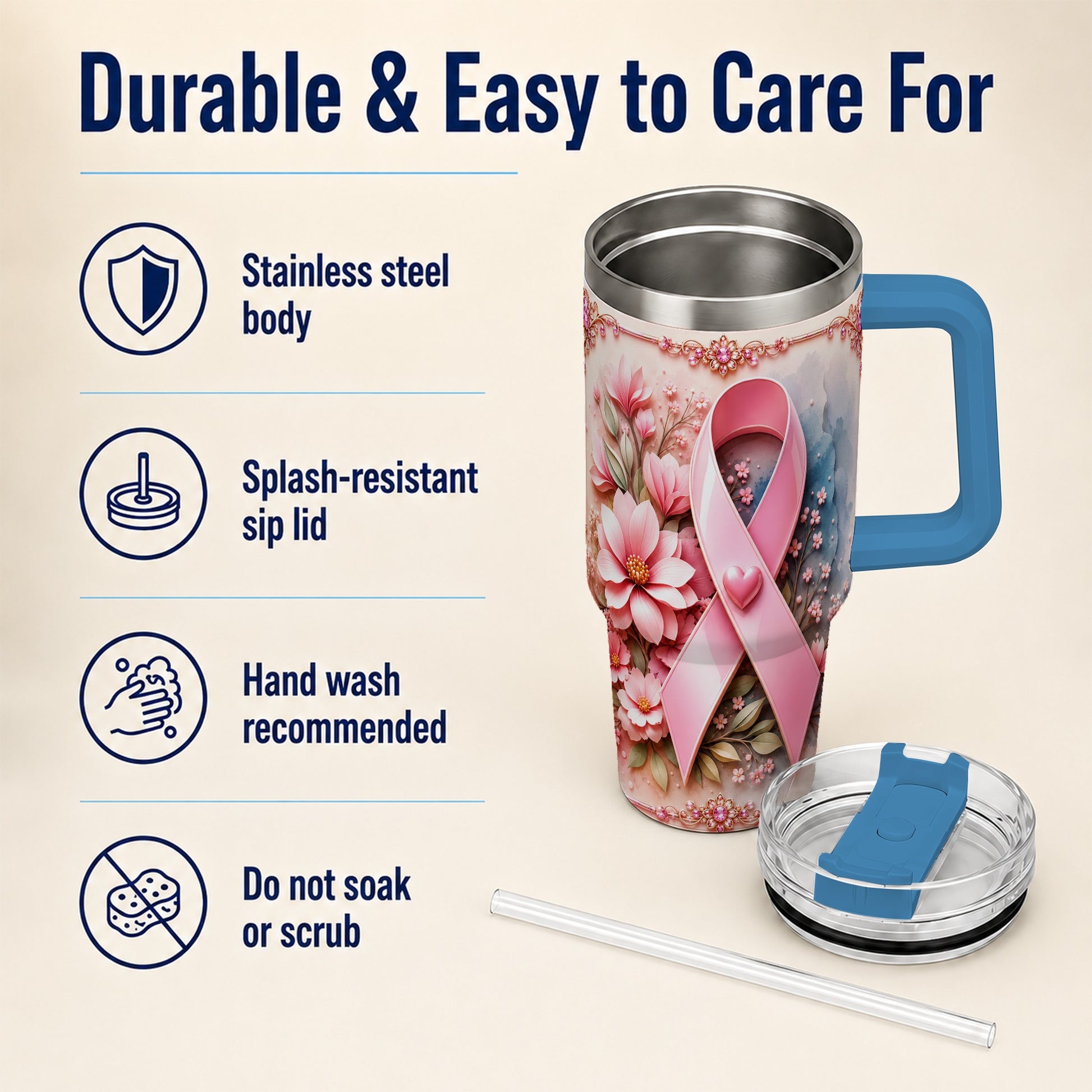 #pl[40oz|Blue] Pink Ribbon 40oz Tumbler with Handle, Floral Stainless Steel Travel Cup