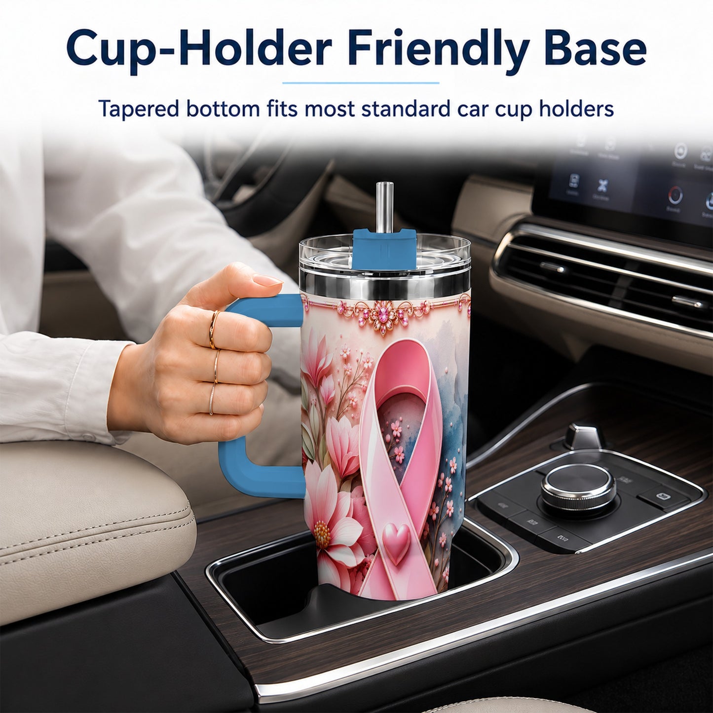 #pl[40oz|Blue] Pink Ribbon 40oz Tumbler with Handle, Floral Stainless Steel Travel Cup
