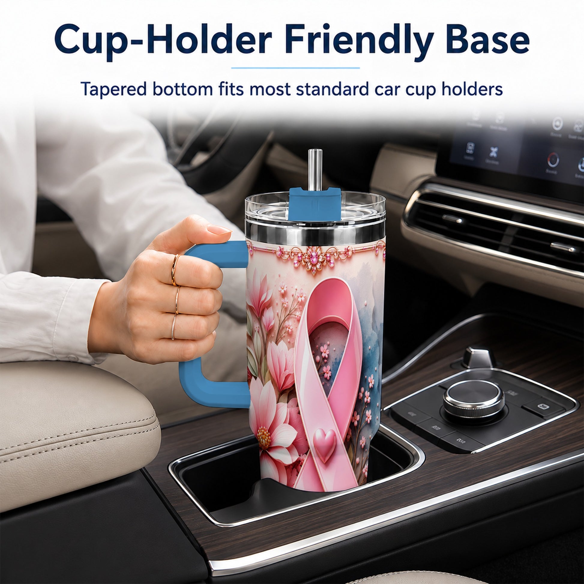 #pl[40oz|Blue] Pink Ribbon 40oz Tumbler with Handle, Floral Stainless Steel Travel Cup