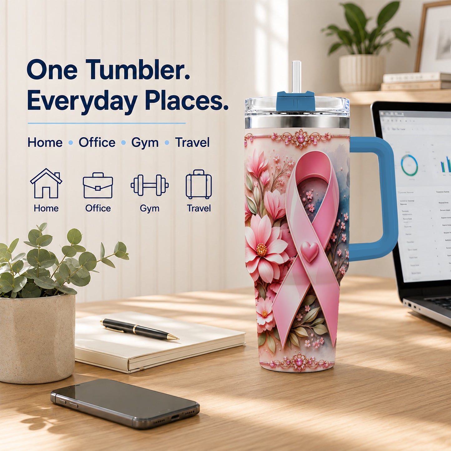 #pl[40oz|Blue] Pink Ribbon 40oz Tumbler with Handle, Floral Stainless Steel Travel Cup