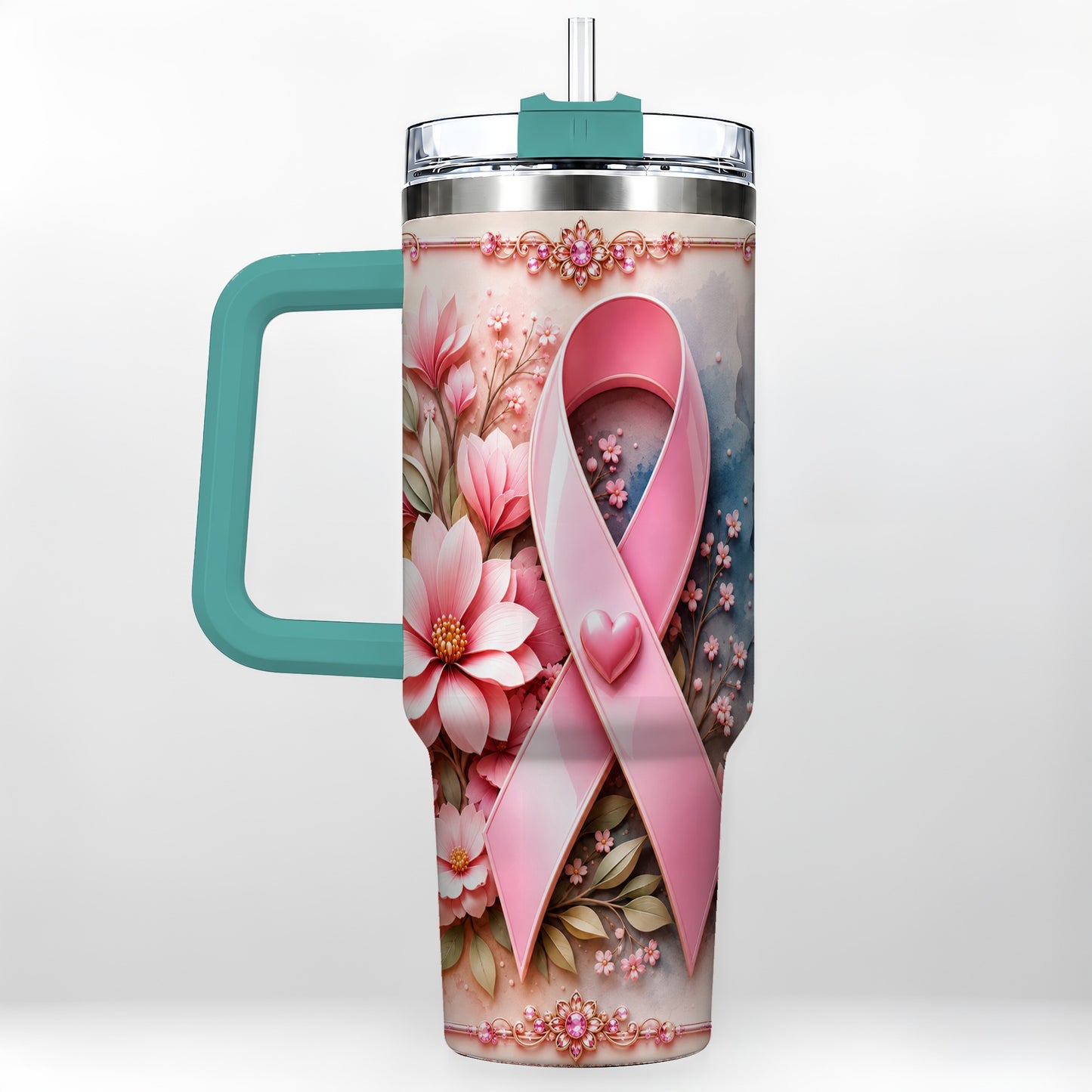 #pl[40oz|Green] Pink Ribbon 40oz Tumbler with Handle, Floral Stainless Steel Travel Cup