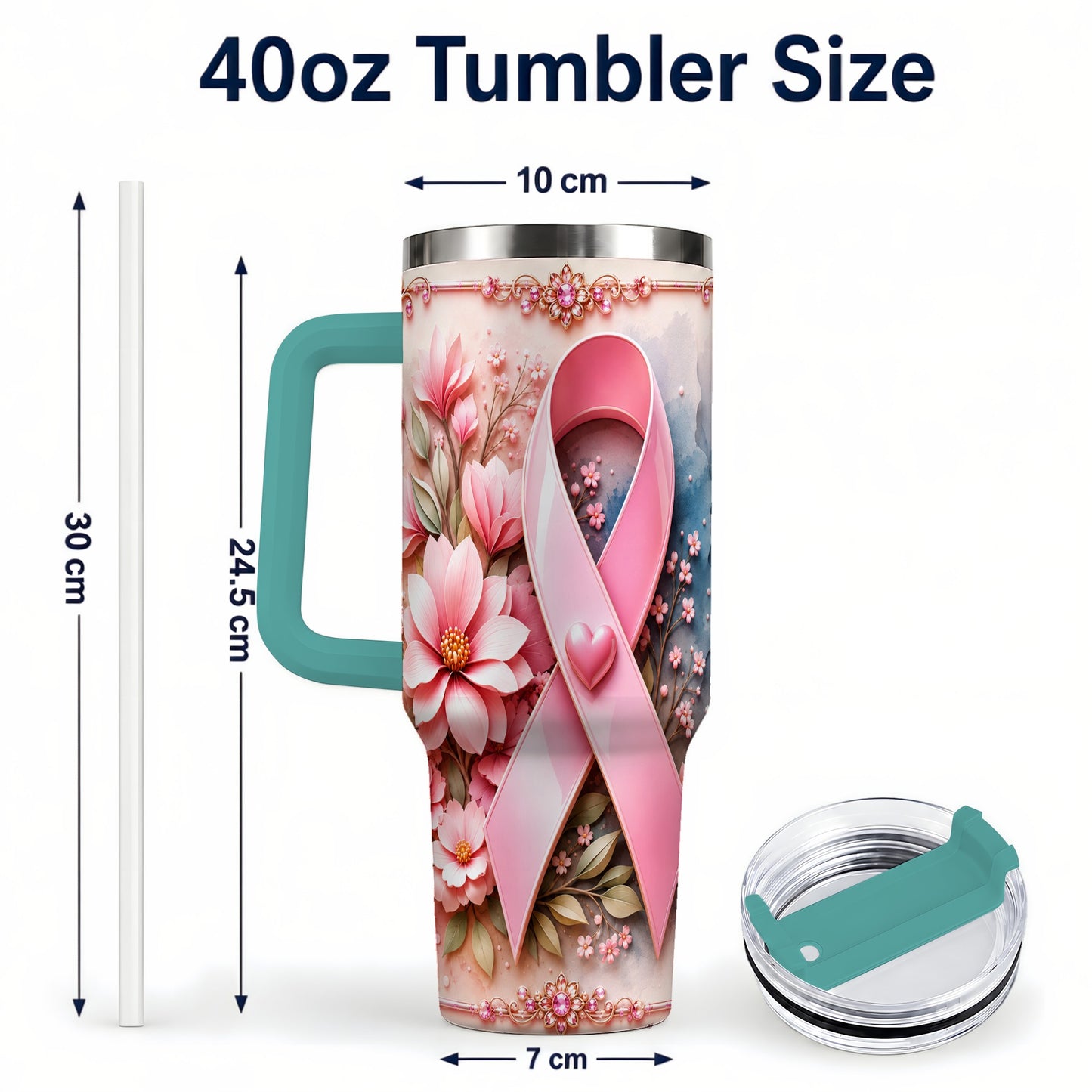 #pl[40oz|Green] Pink Ribbon 40oz Tumbler with Handle, Floral Stainless Steel Travel Cup