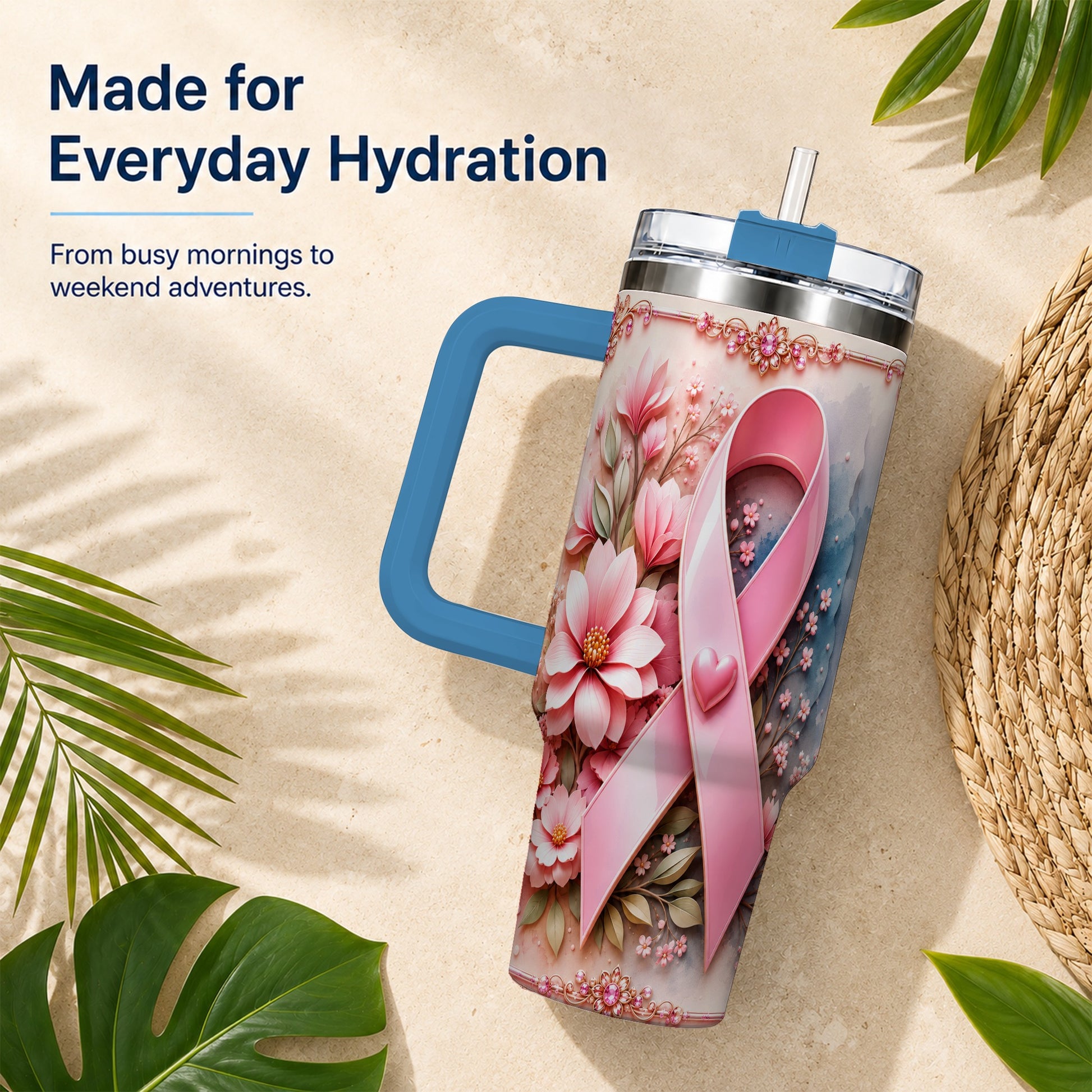 #pl[40oz|Blue] Pink Ribbon 40oz Tumbler with Handle, Floral Stainless Steel Travel Cup