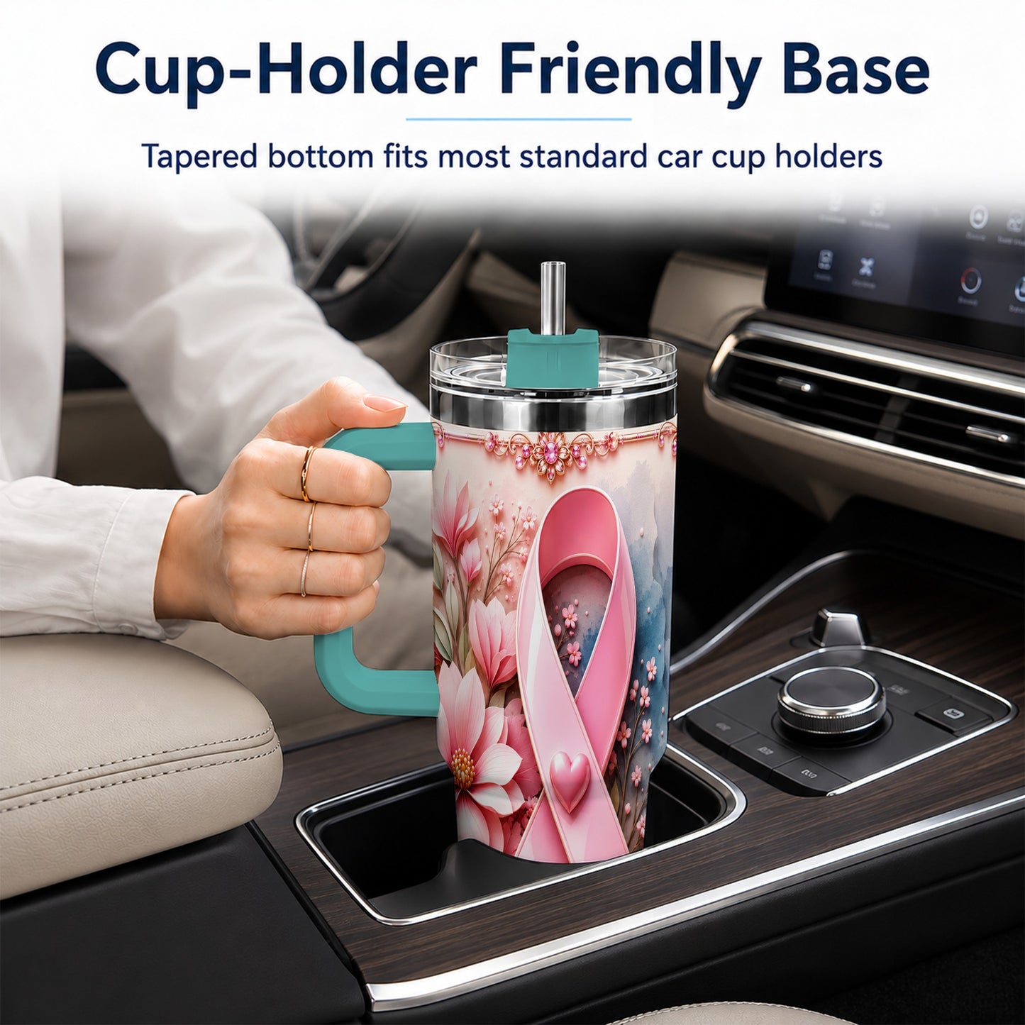 #pl[40oz|Green] Pink Ribbon 40oz Tumbler with Handle, Floral Stainless Steel Travel Cup