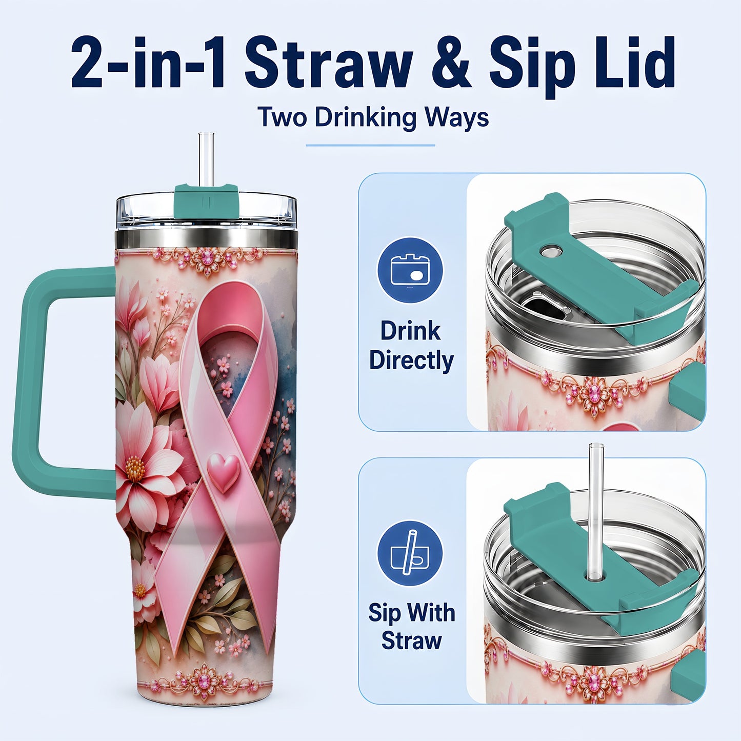 #pl[40oz|Green] Pink Ribbon 40oz Tumbler with Handle, Floral Stainless Steel Travel Cup