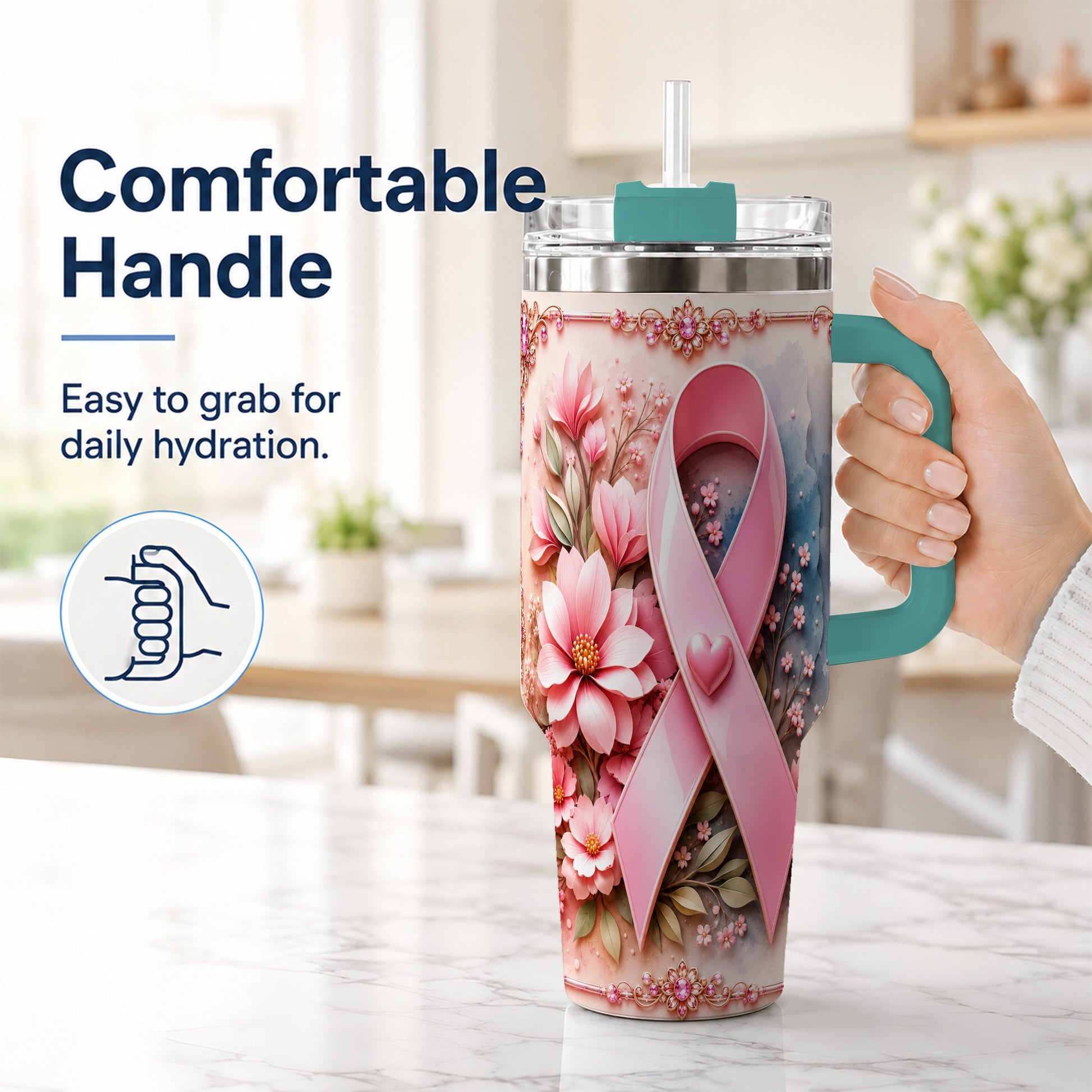 #pl[40oz|Green] Pink Ribbon 40oz Tumbler with Handle, Floral Stainless Steel Travel Cup