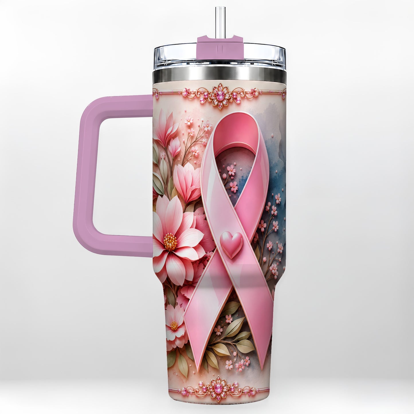 #pl[40oz|Pink] Pink Ribbon 40oz Tumbler with Handle, Floral Stainless Steel Travel Cup