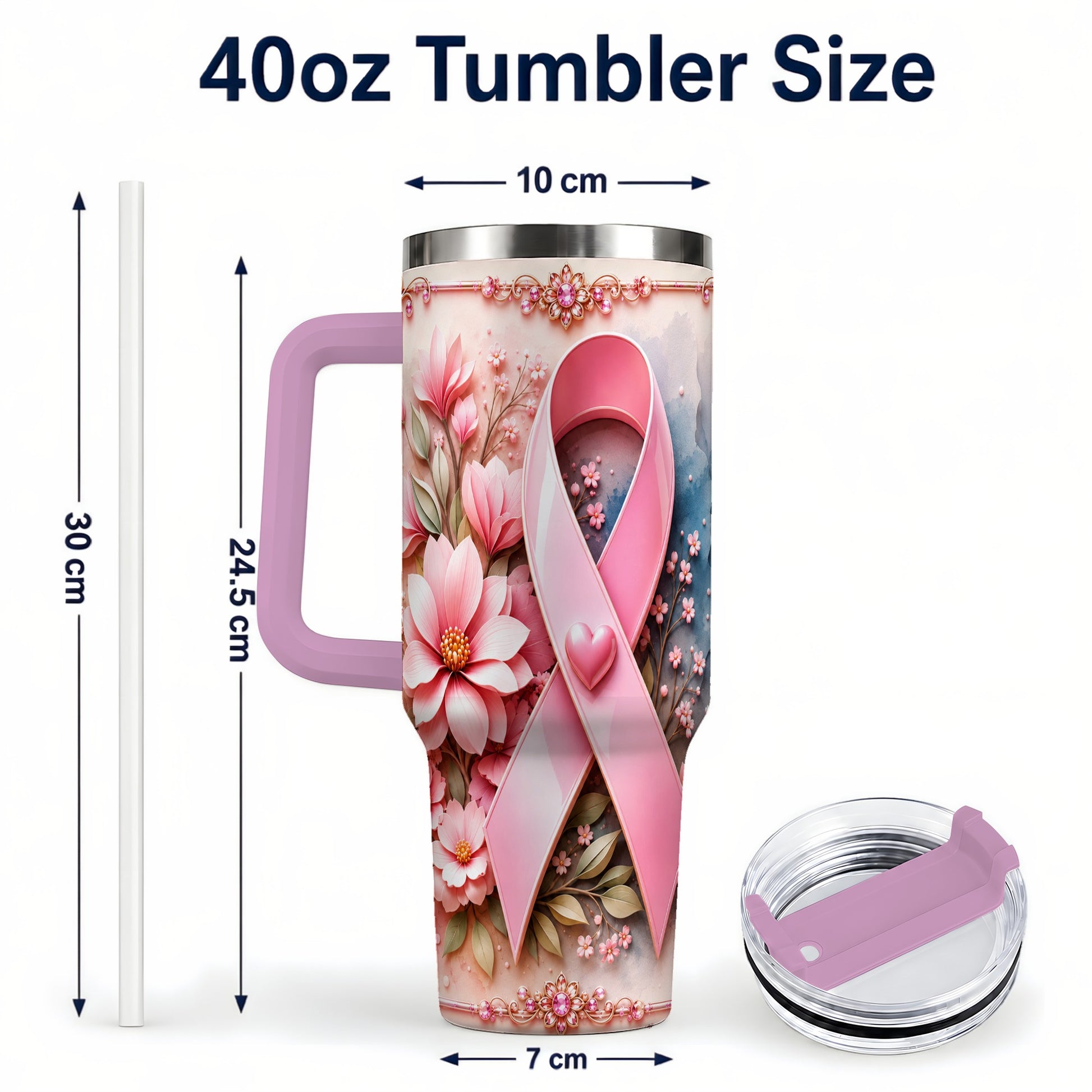 #pl[40oz|Pink] Pink Ribbon 40oz Tumbler with Handle, Floral Stainless Steel Travel Cup