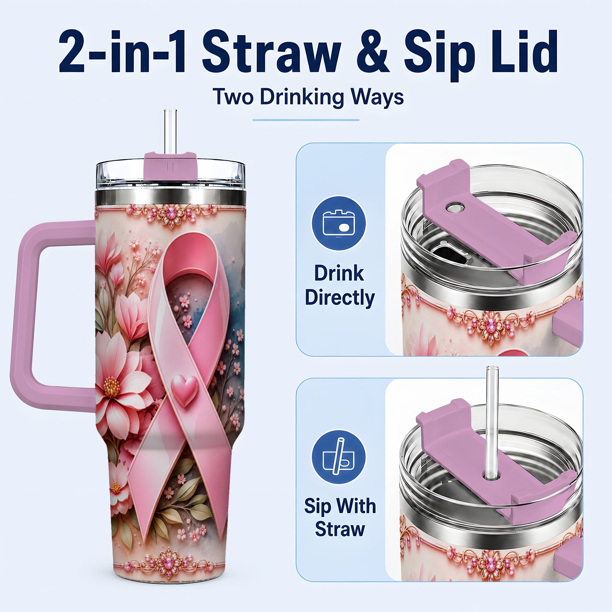 #pl[40oz|Pink] Pink Ribbon 40oz Tumbler with Handle, Floral Stainless Steel Travel Cup