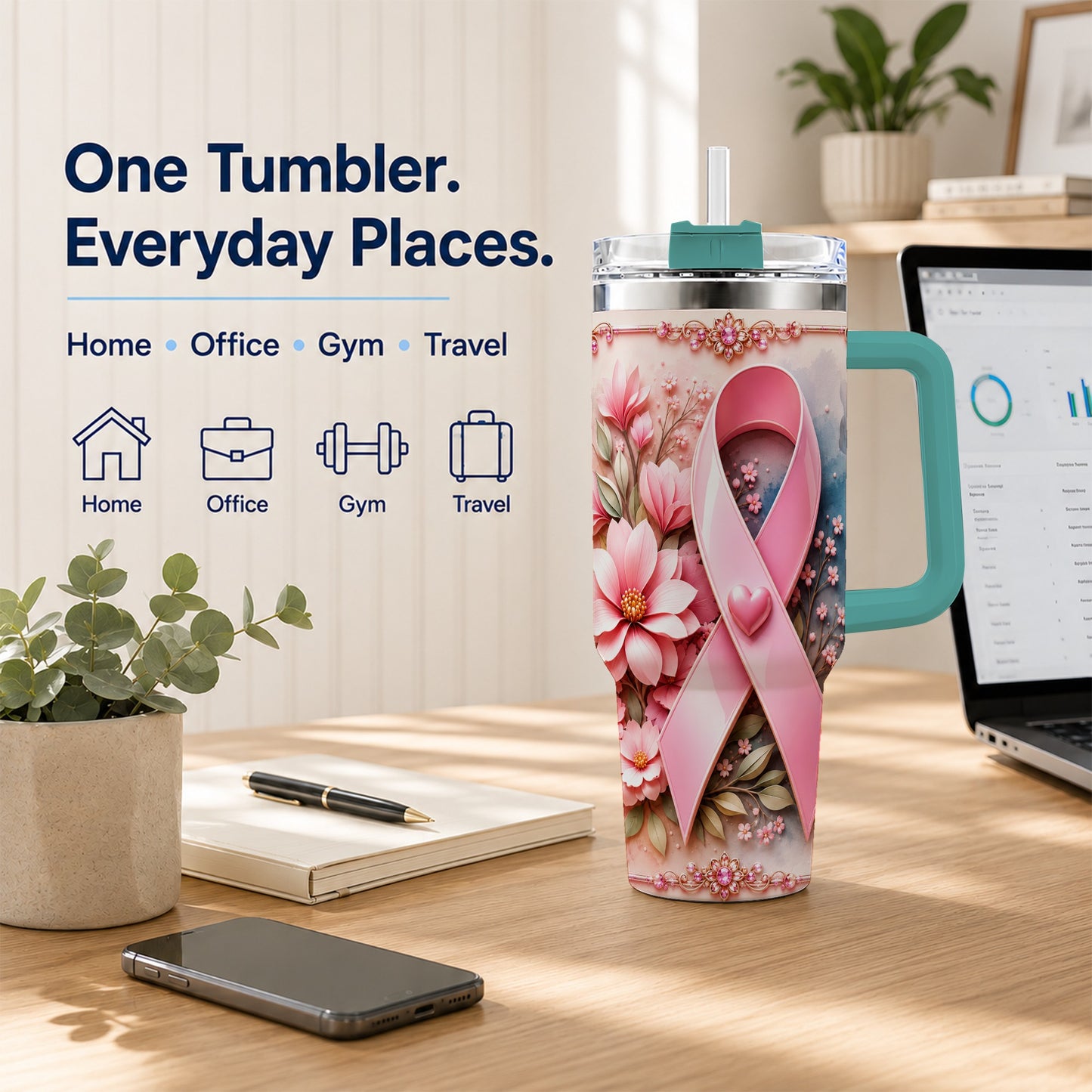 #pl[40oz|Green] Pink Ribbon 40oz Tumbler with Handle, Floral Stainless Steel Travel Cup