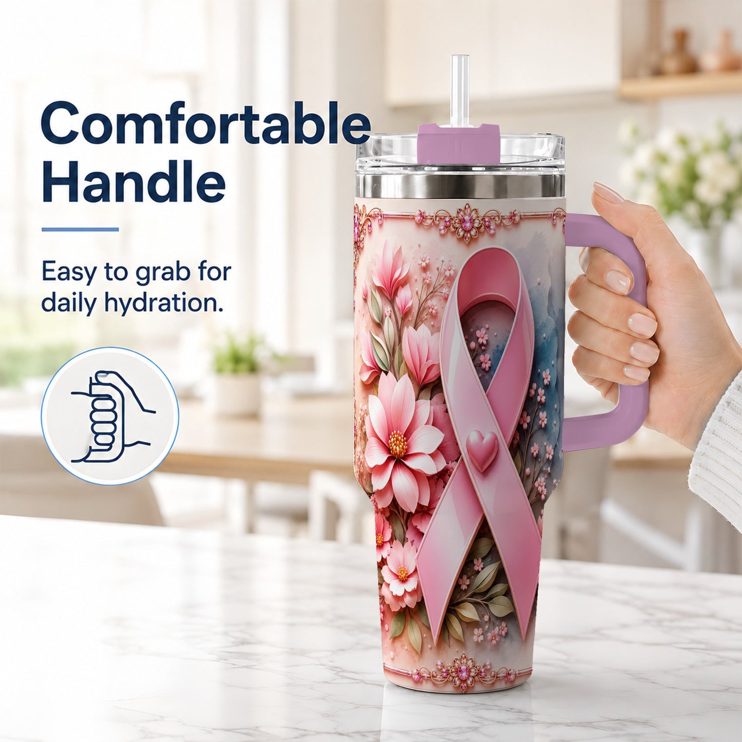 #pl[40oz|Pink] Pink Ribbon 40oz Tumbler with Handle, Floral Stainless Steel Travel Cup
