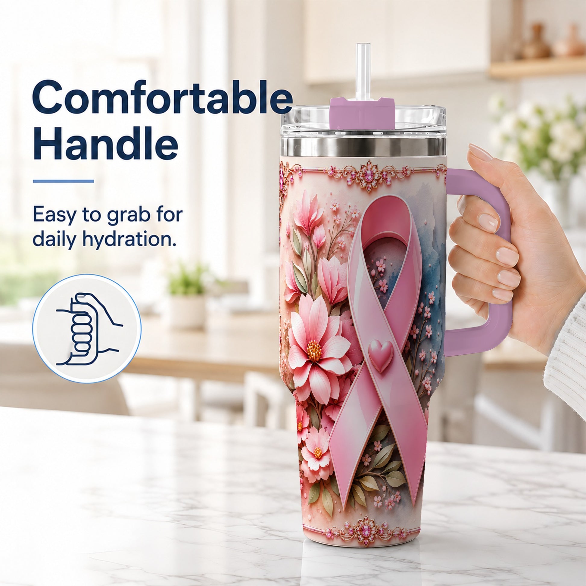 #pl[40oz|Pink] Pink Ribbon 40oz Tumbler with Handle, Floral Stainless Steel Travel Cup