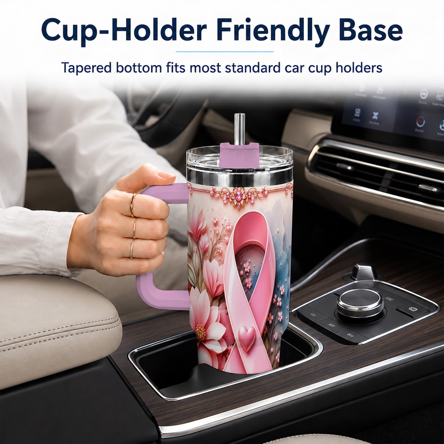 #pl[40oz|Pink] Pink Ribbon 40oz Tumbler with Handle, Floral Stainless Steel Travel Cup