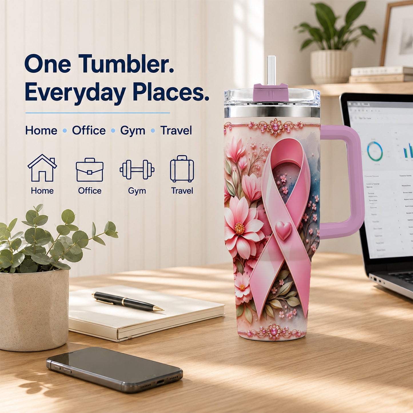 #pl[40oz|Pink] Pink Ribbon 40oz Tumbler with Handle, Floral Stainless Steel Travel Cup