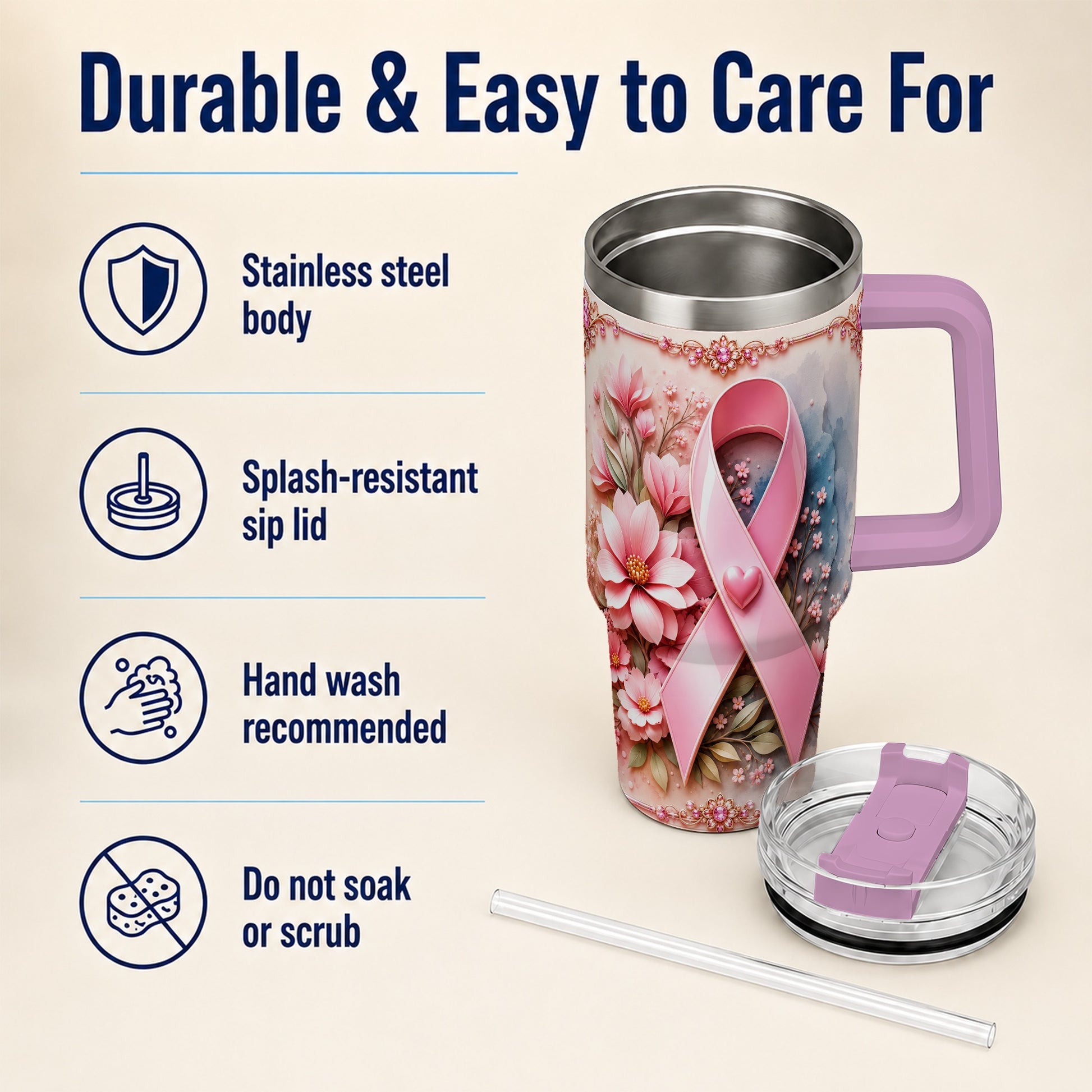 #pl[40oz|Pink] Pink Ribbon 40oz Tumbler with Handle, Floral Stainless Steel Travel Cup