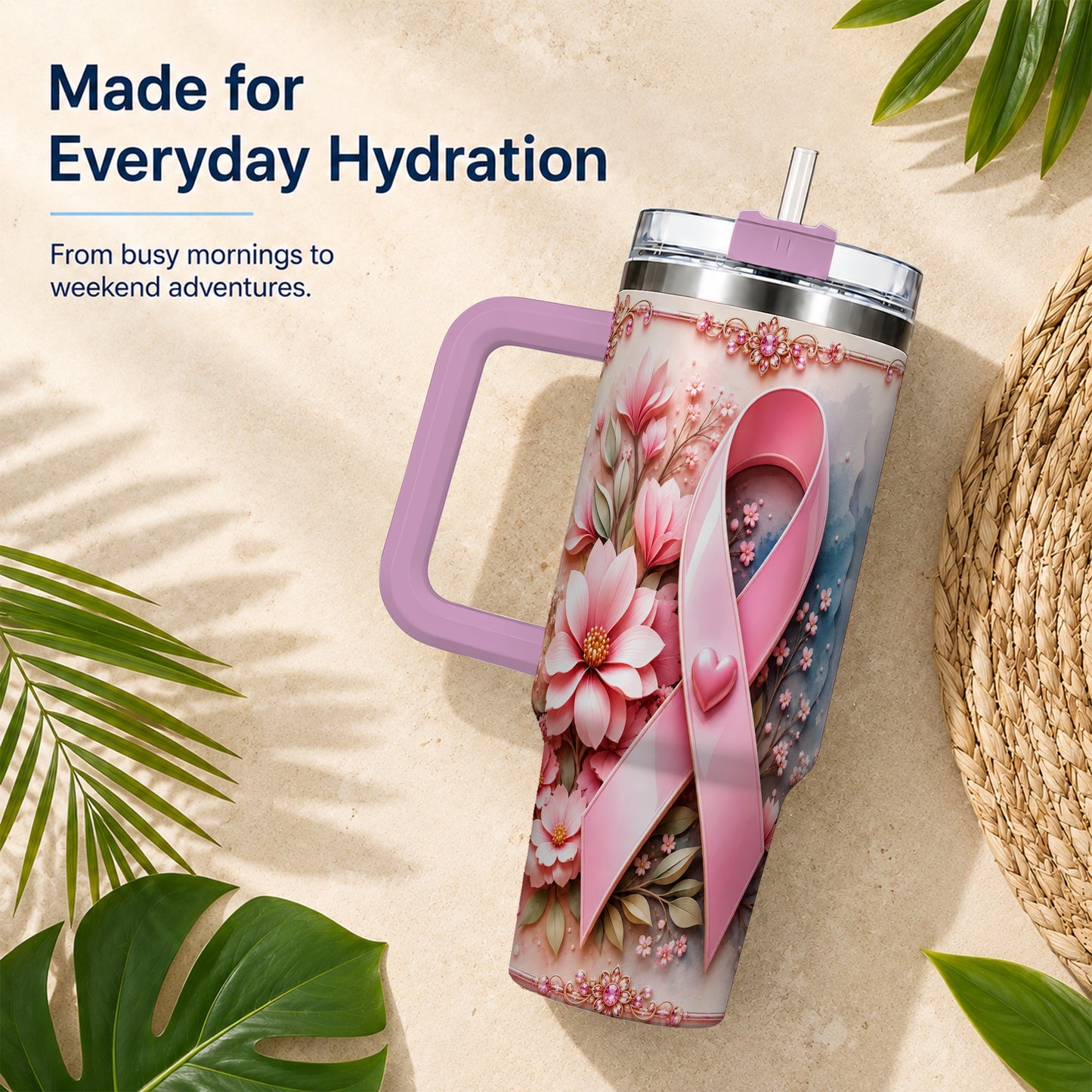 #pl[40oz|Pink] Pink Ribbon 40oz Tumbler with Handle, Floral Stainless Steel Travel Cup