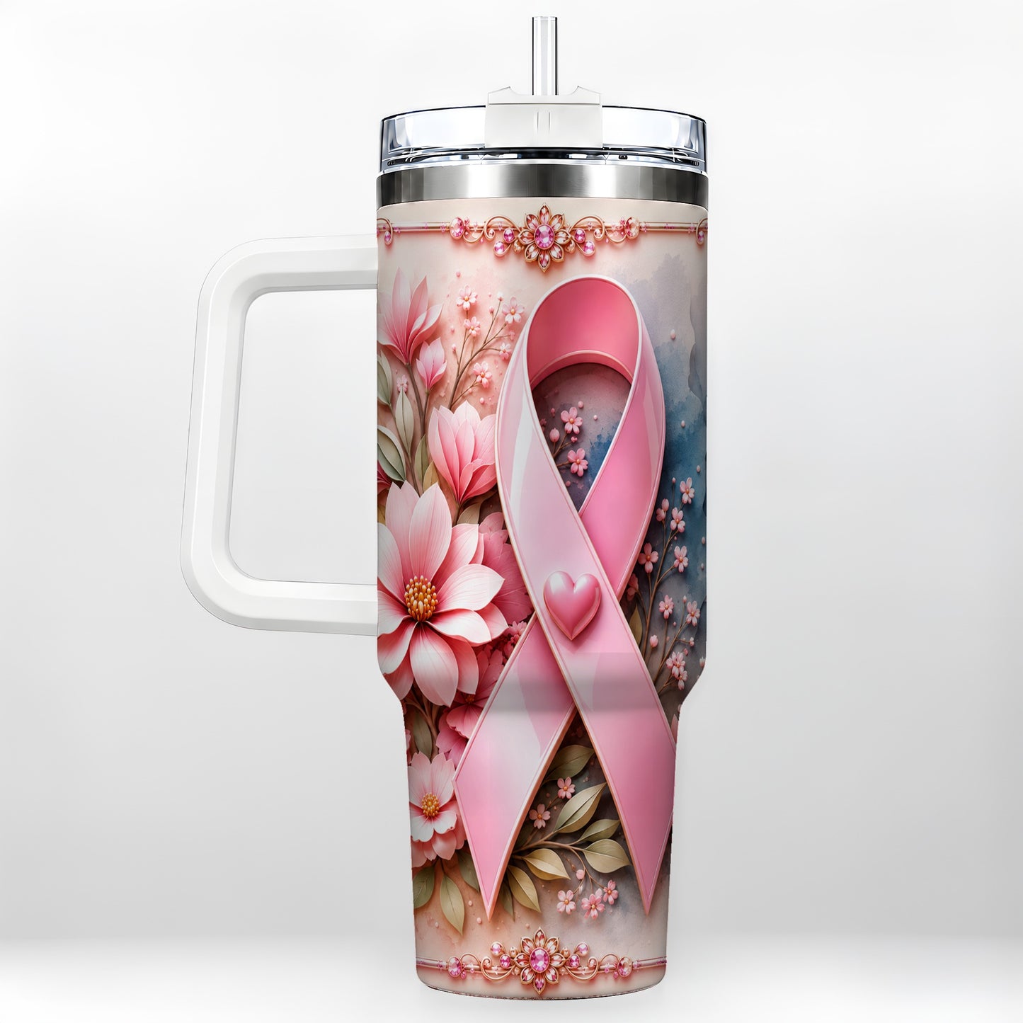 #pl[40oz|White] Pink Ribbon 40oz Tumbler with Handle, Floral Stainless Steel Travel Cup