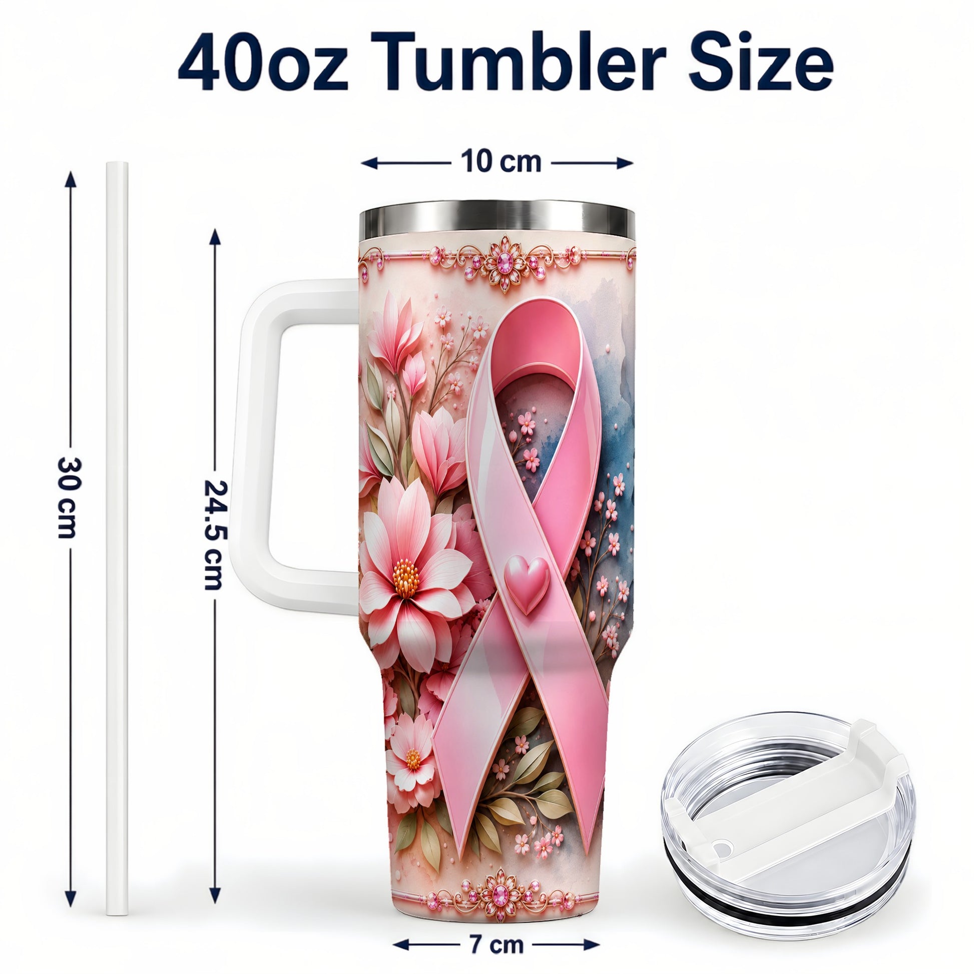 #pl[40oz|White] Pink Ribbon 40oz Tumbler with Handle, Floral Stainless Steel Travel Cup