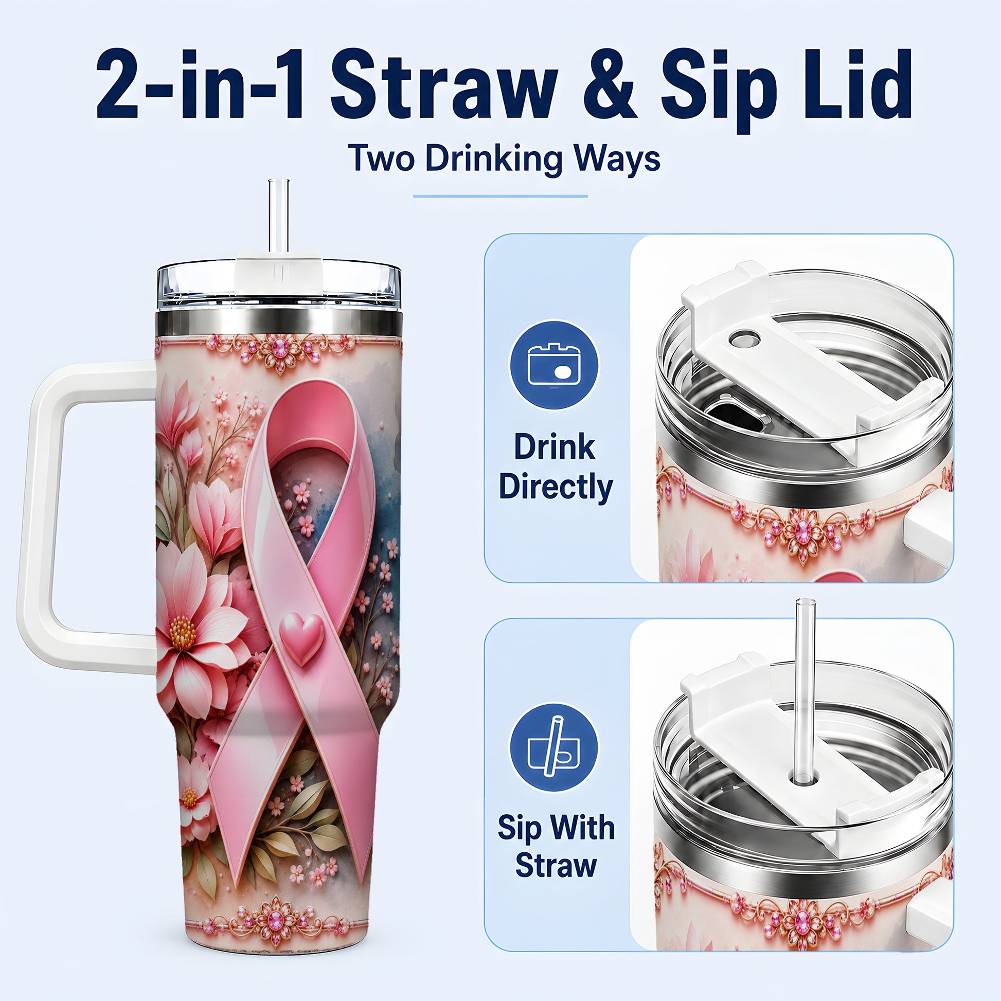#pl[40oz|White] Pink Ribbon 40oz Tumbler with Handle, Floral Stainless Steel Travel Cup