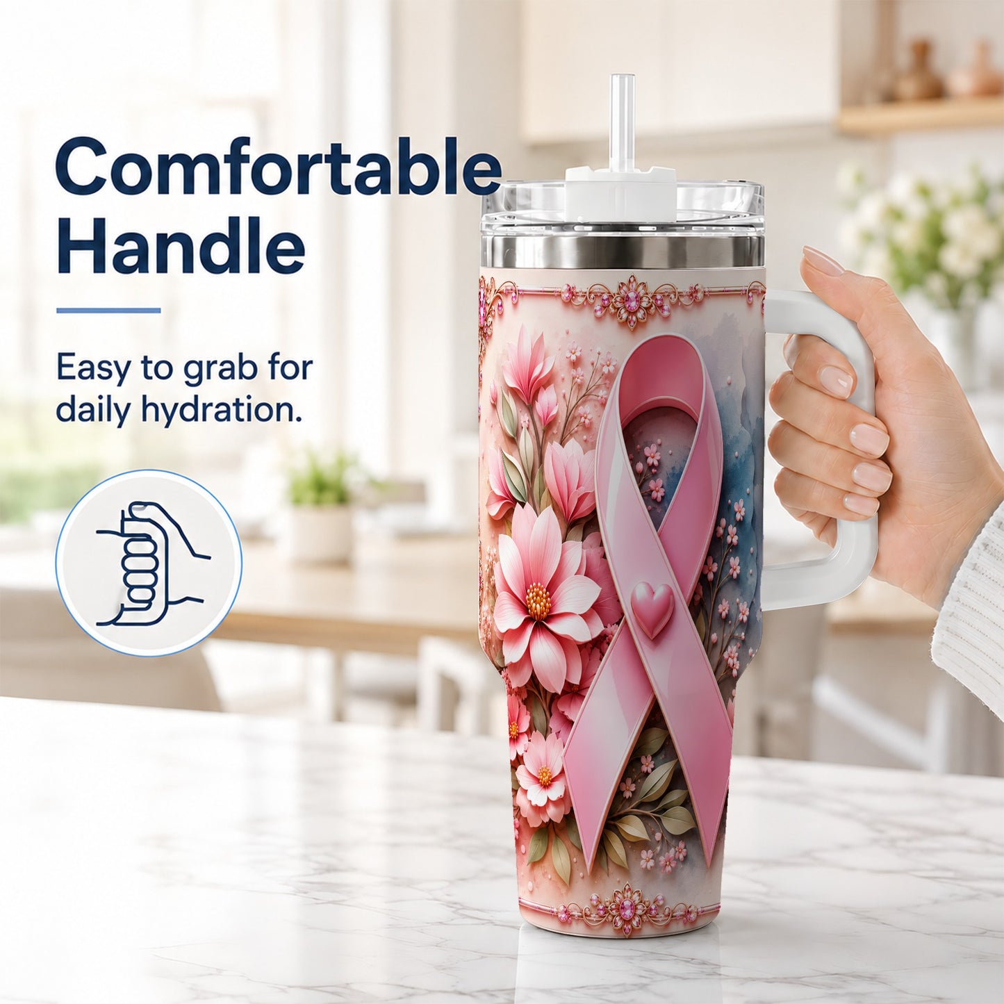#pl[40oz|White] Pink Ribbon 40oz Tumbler with Handle, Floral Stainless Steel Travel Cup