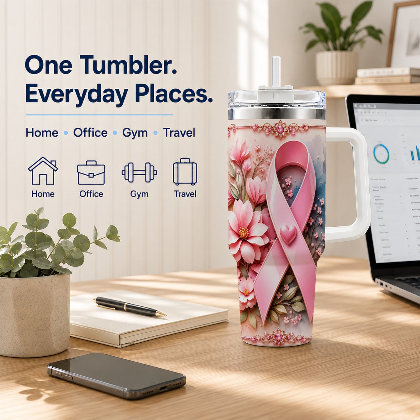#pl[40oz|White] Pink Ribbon 40oz Tumbler with Handle, Floral Stainless Steel Travel Cup