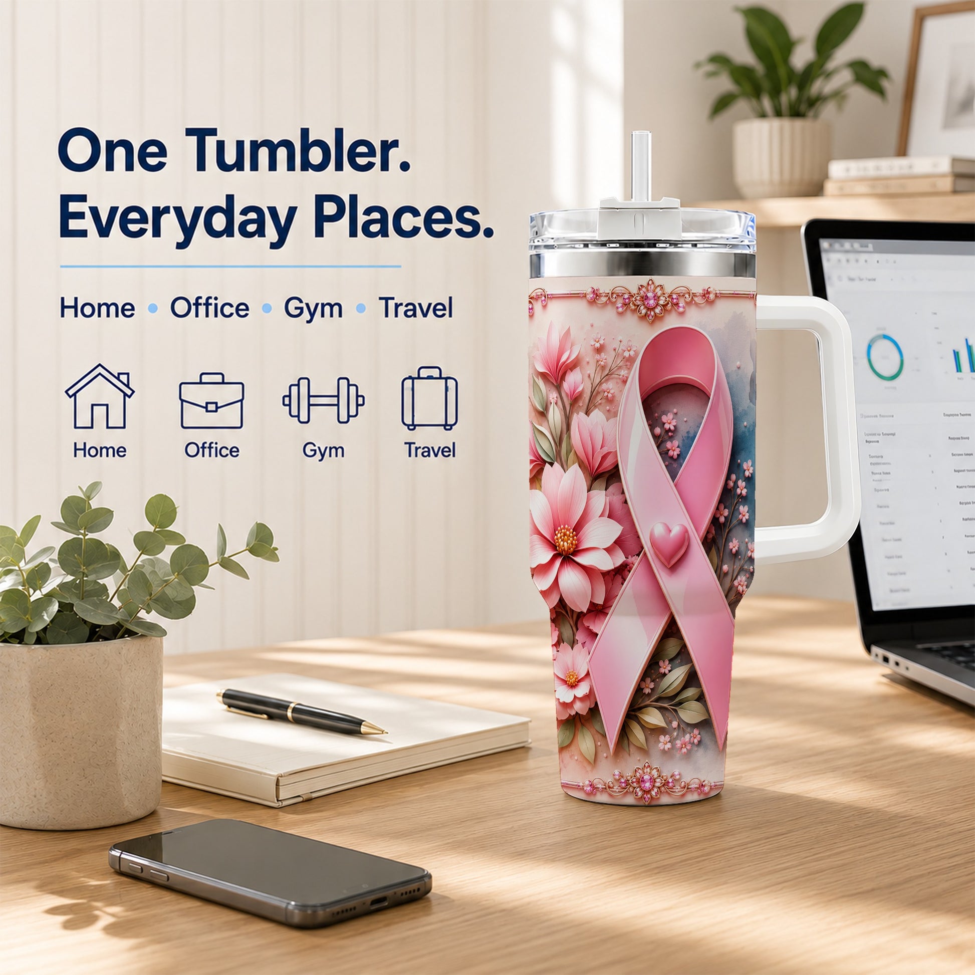 #pl[40oz|White] Pink Ribbon 40oz Tumbler with Handle, Floral Stainless Steel Travel Cup