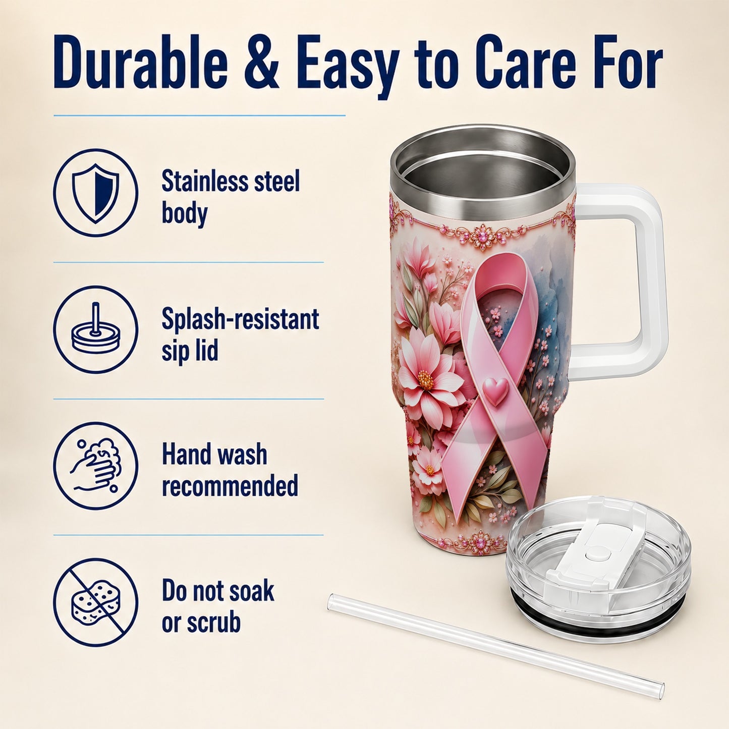 #pl[40oz|White] Pink Ribbon 40oz Tumbler with Handle, Floral Stainless Steel Travel Cup