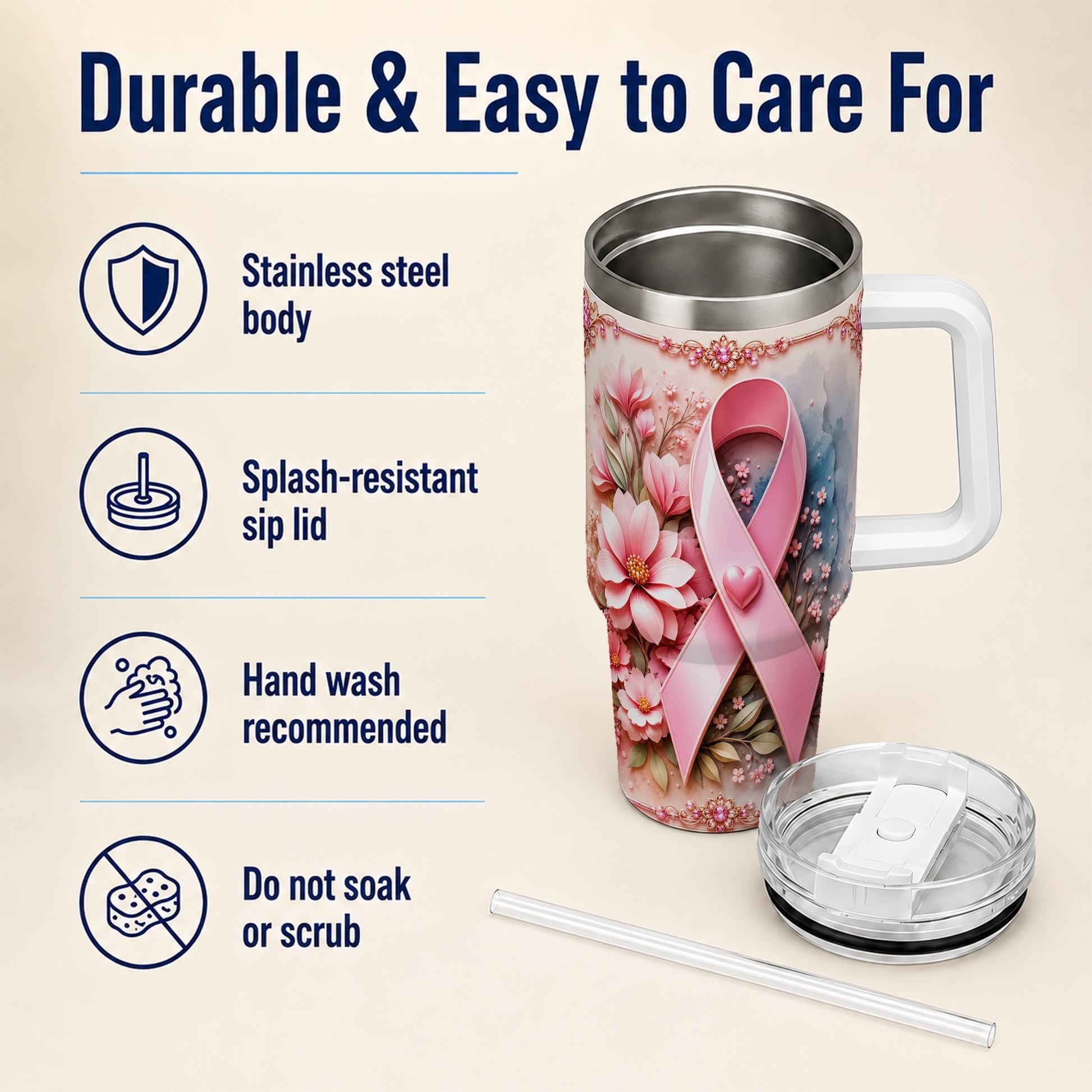 #pl[40oz|White] Pink Ribbon 40oz Tumbler with Handle, Floral Stainless Steel Travel Cup