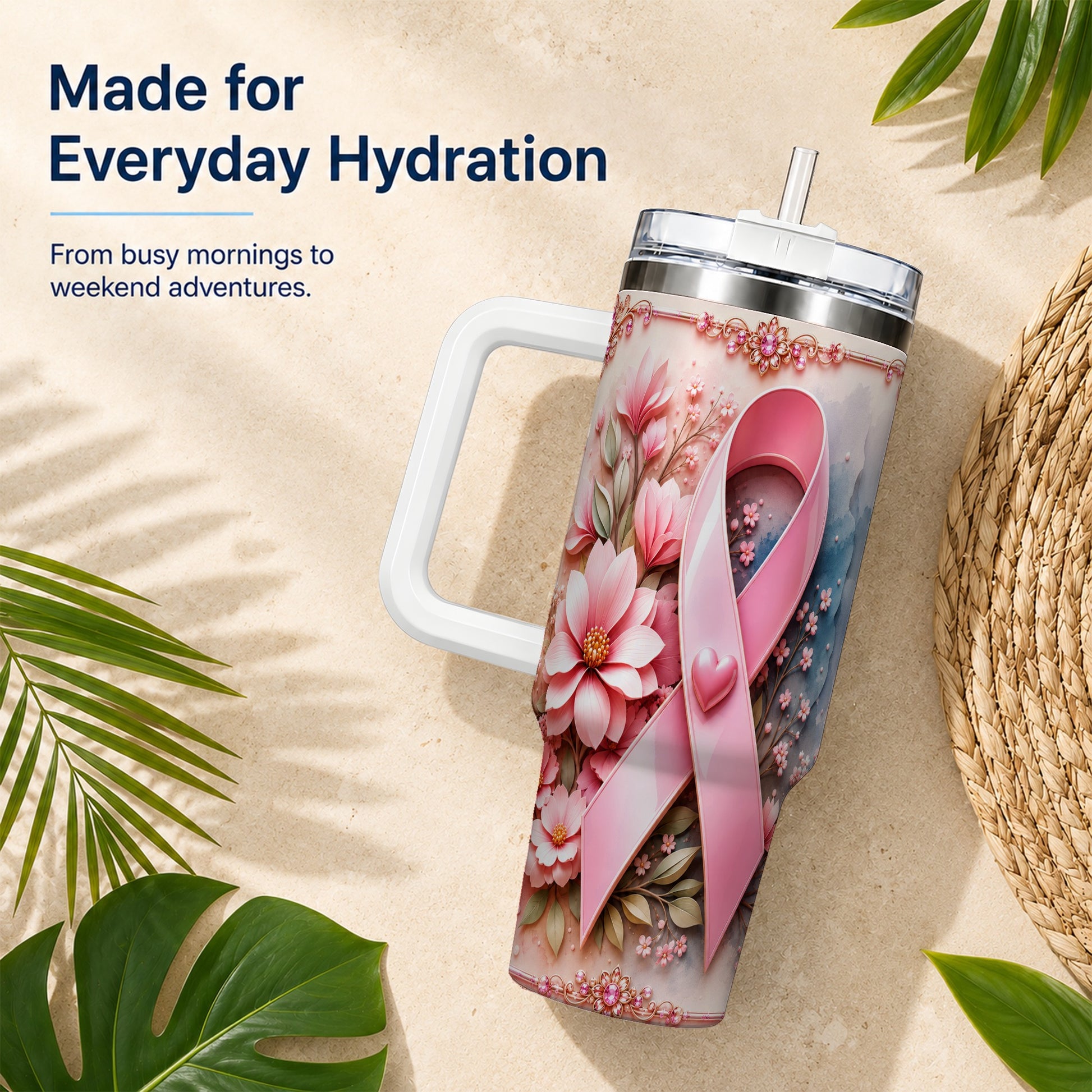 #pl[40oz|White] Pink Ribbon 40oz Tumbler with Handle, Floral Stainless Steel Travel Cup