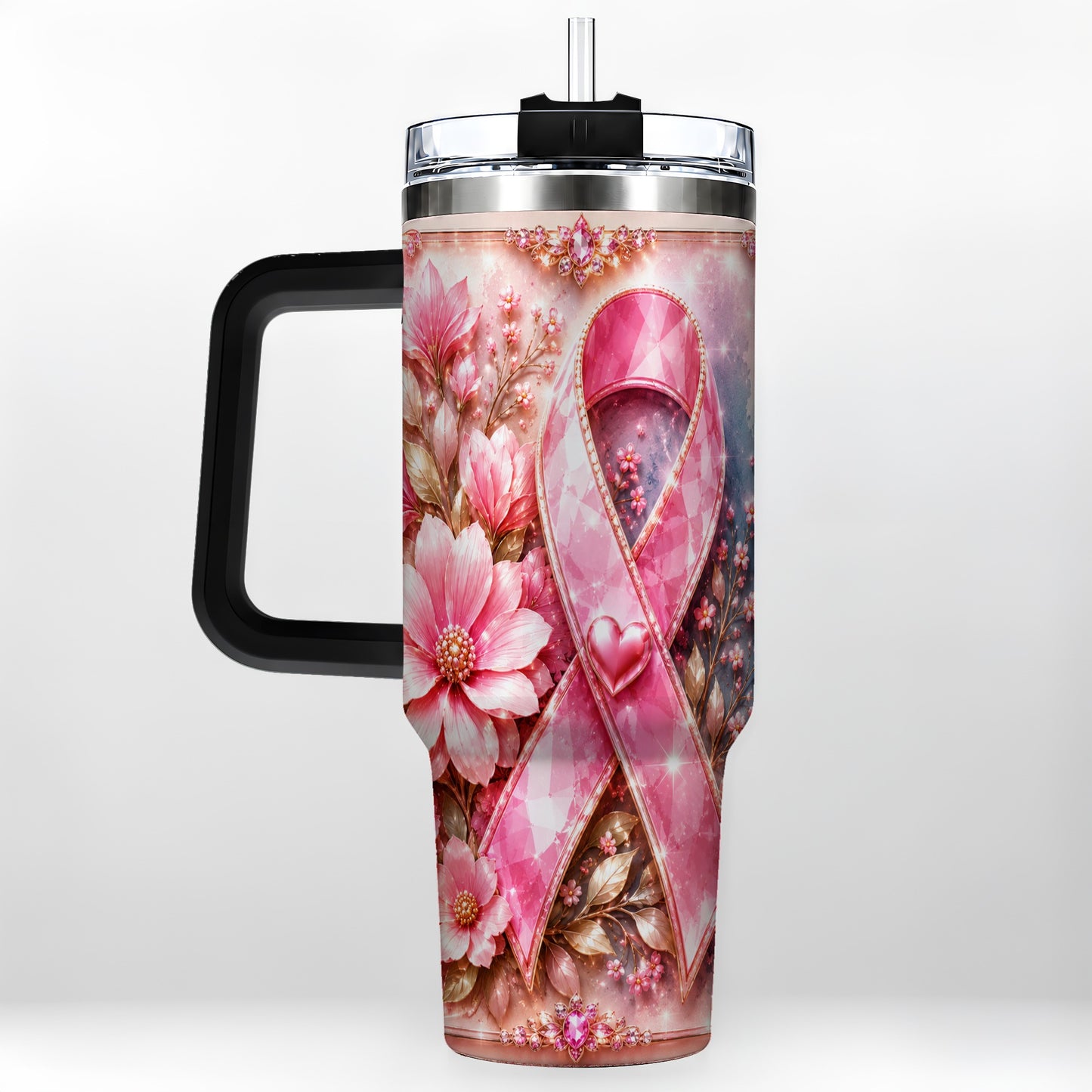 #pl[40oz|Black] Gemstone Ribbon 40oz Tumbler with Handle, Stainless Steel Travel Cup