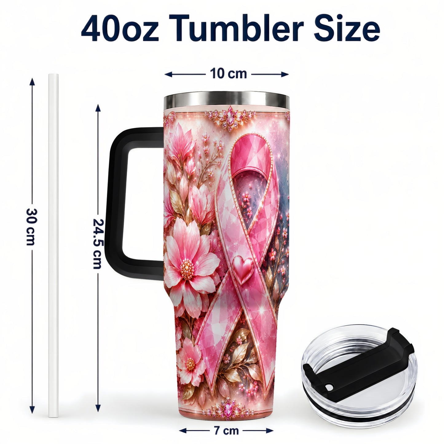 #pl[40oz|Black] Gemstone Ribbon 40oz Tumbler with Handle, Stainless Steel Travel Cup