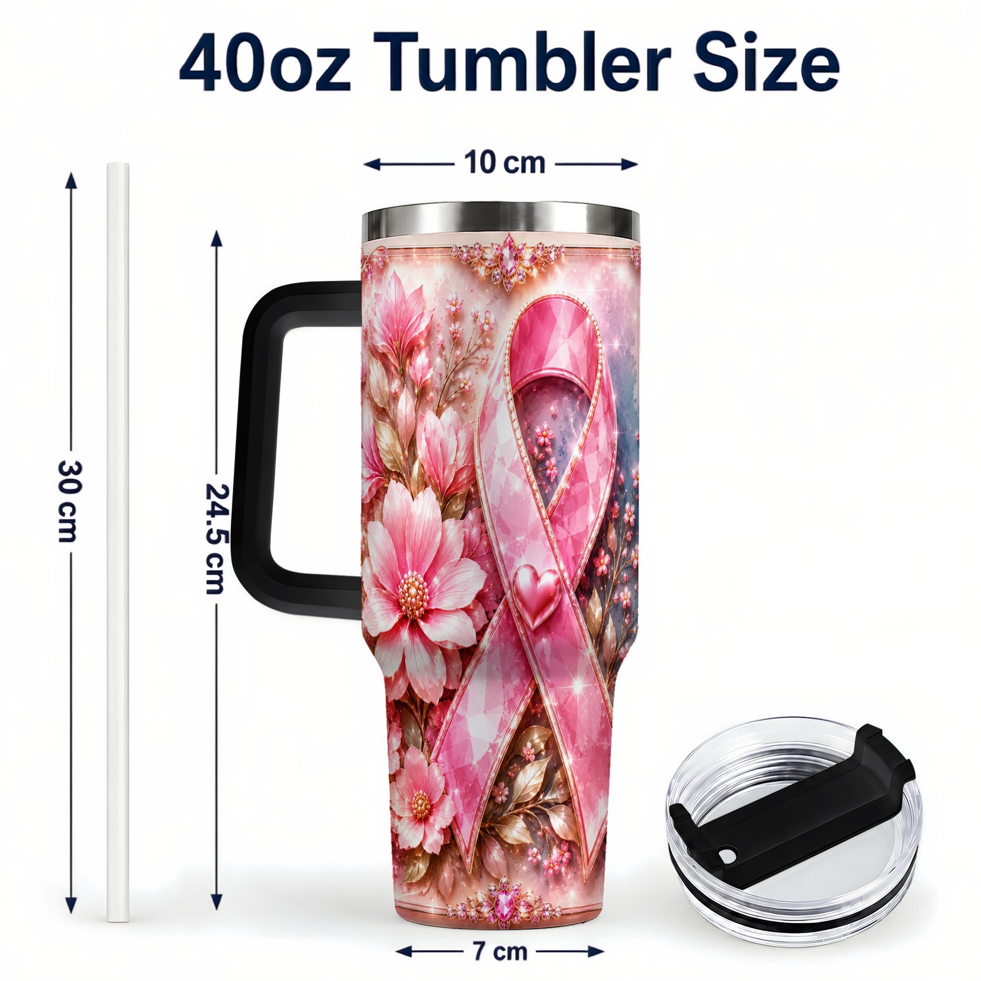 #pl[40oz|Black] Gemstone Ribbon 40oz Tumbler with Handle, Stainless Steel Travel Cup