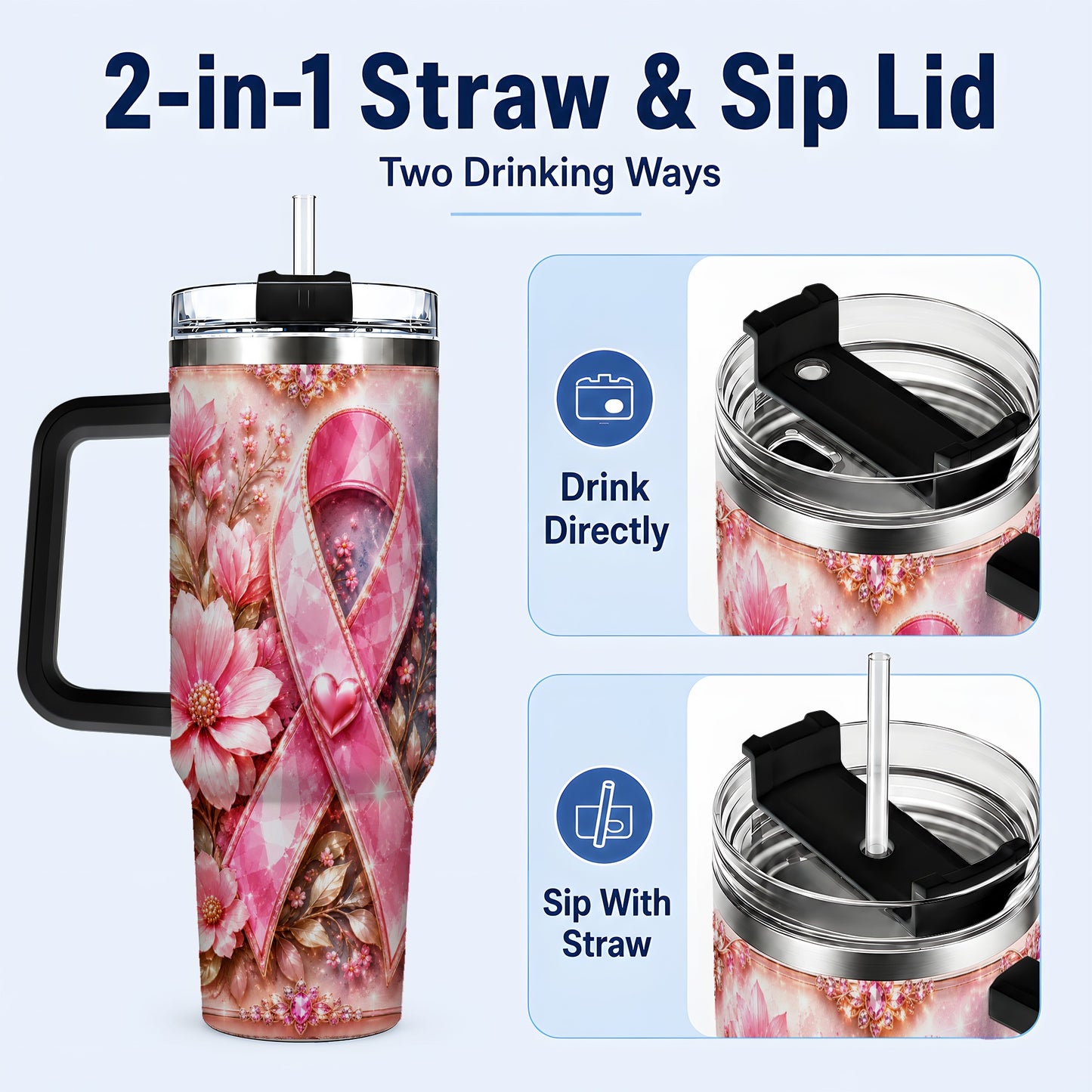 #pl[40oz|Black] Gemstone Ribbon 40oz Tumbler with Handle, Stainless Steel Travel Cup