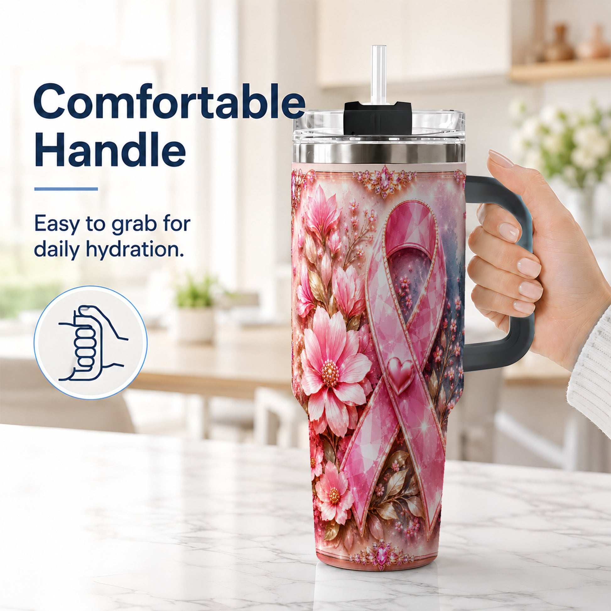 #pl[40oz|Black] Gemstone Ribbon 40oz Tumbler with Handle, Stainless Steel Travel Cup