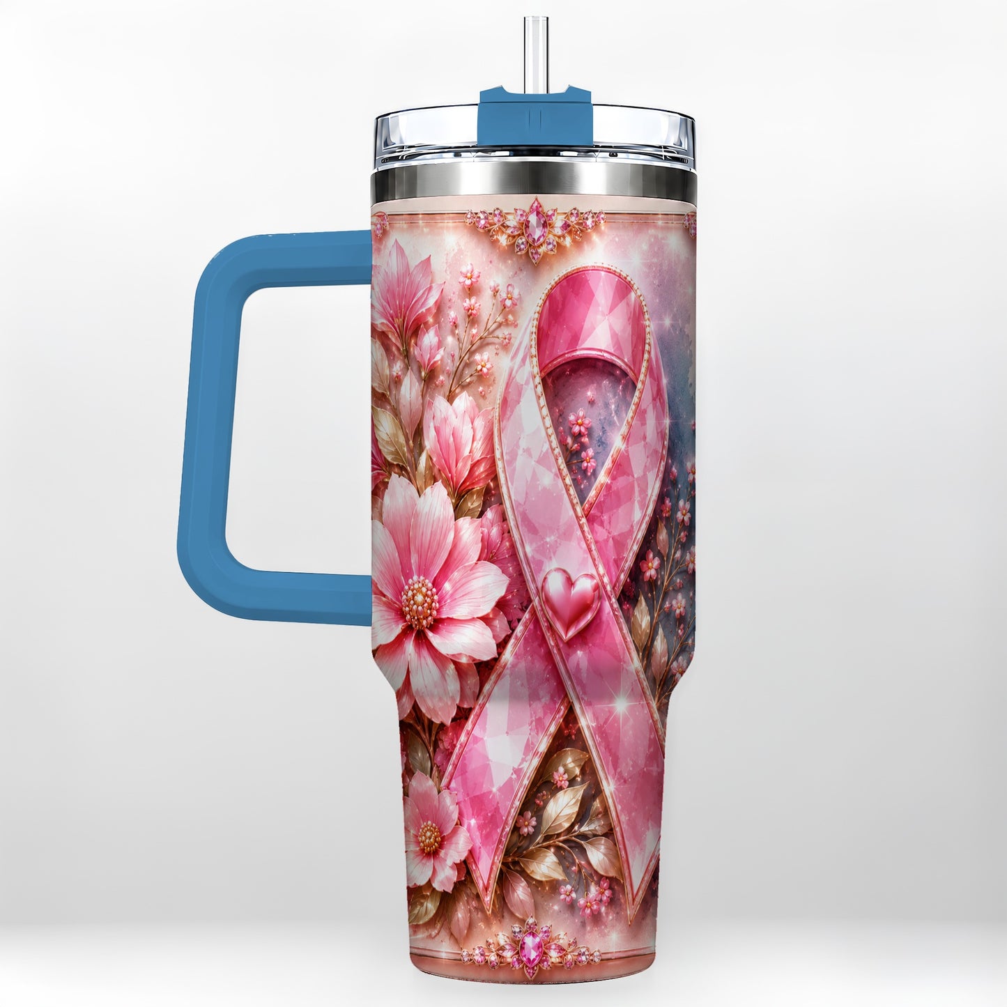 #pl[40oz|Blue] Gemstone Ribbon 40oz Tumbler with Handle, Stainless Steel Travel Cup