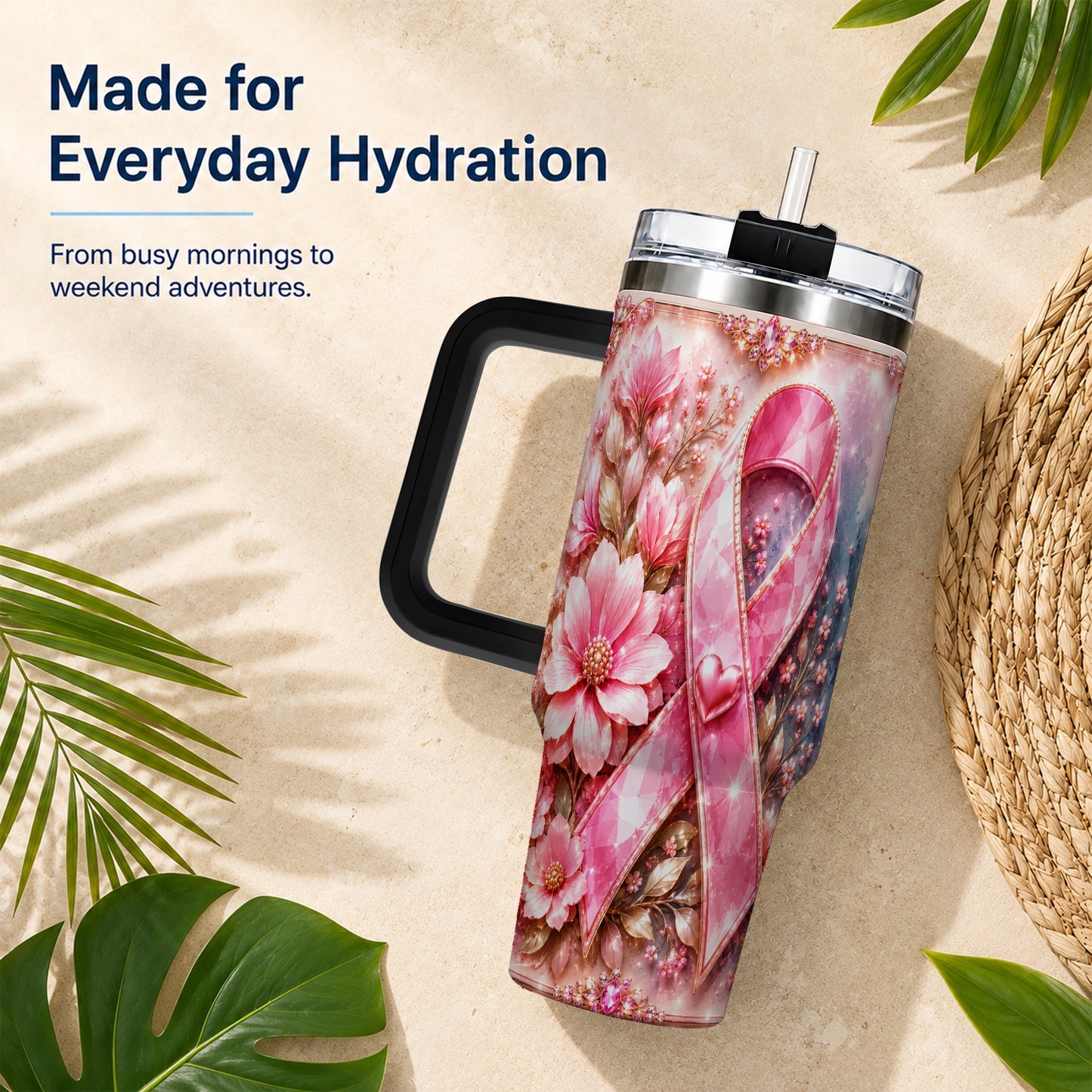 #pl[40oz|Black] Gemstone Ribbon 40oz Tumbler with Handle, Stainless Steel Travel Cup