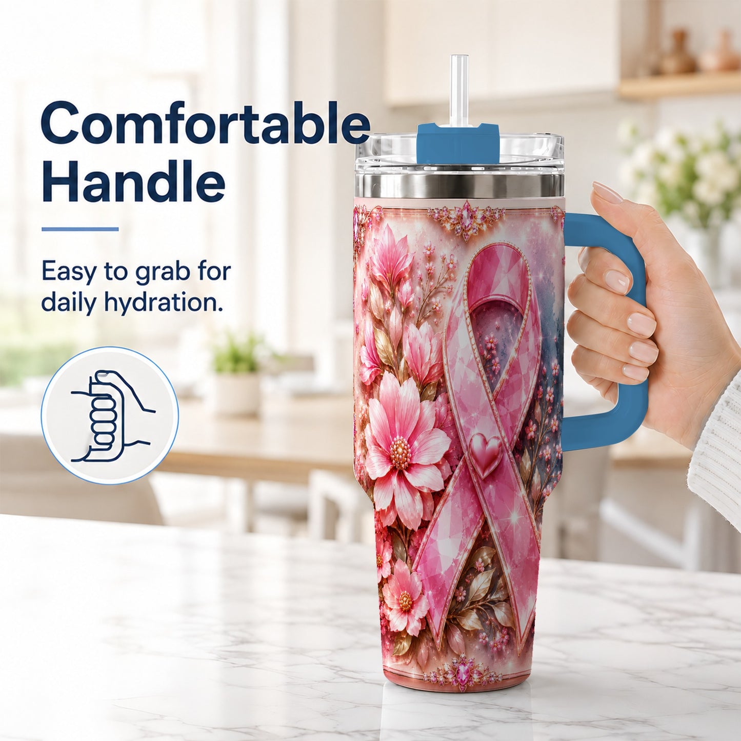 #pl[40oz|Blue] Gemstone Ribbon 40oz Tumbler with Handle, Stainless Steel Travel Cup