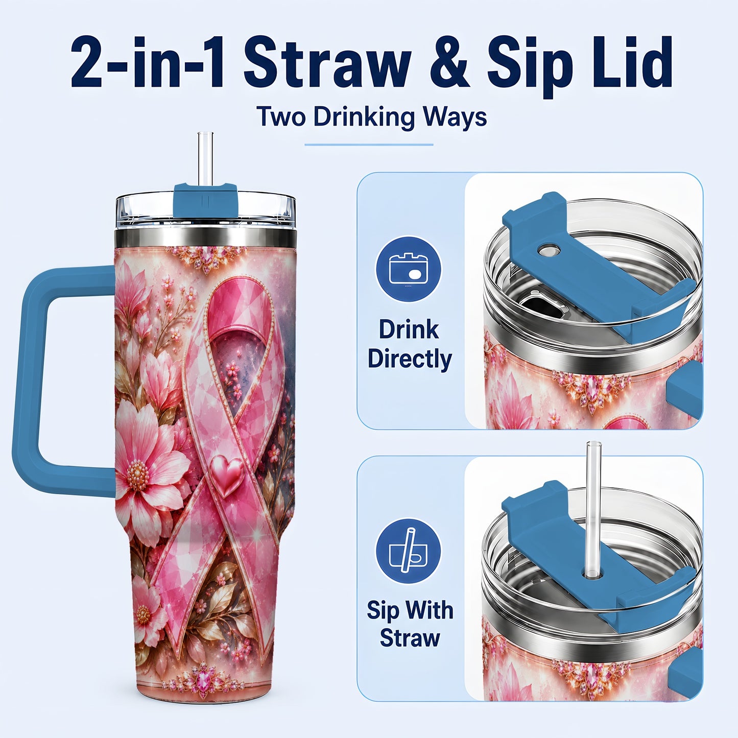 #pl[40oz|Blue] Gemstone Ribbon 40oz Tumbler with Handle, Stainless Steel Travel Cup