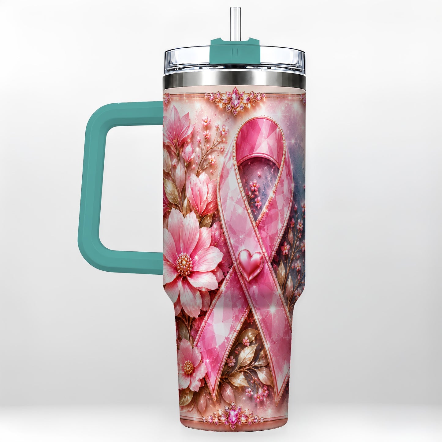 #pl[40oz|Green] Gemstone Ribbon 40oz Tumbler with Handle, Stainless Steel Travel Cup